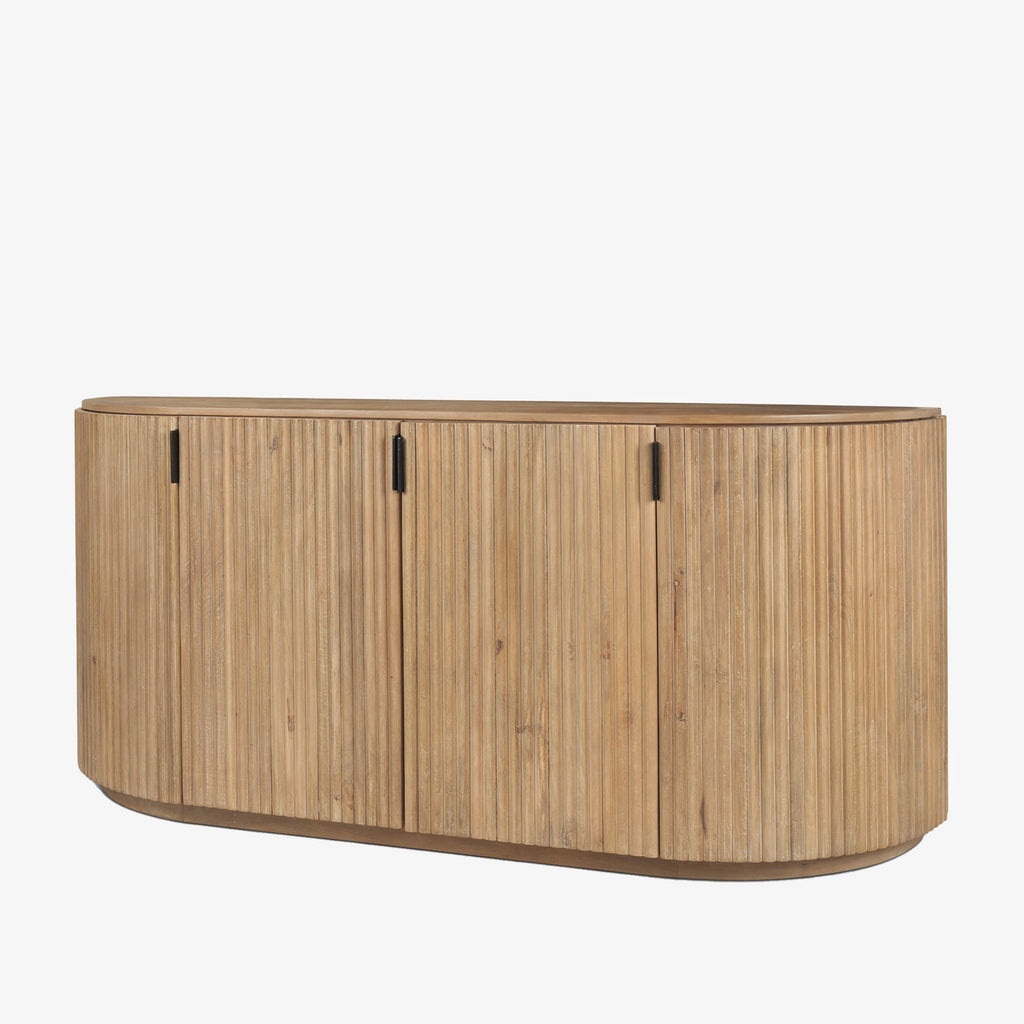 Natural reeded side board with four doors on a white background