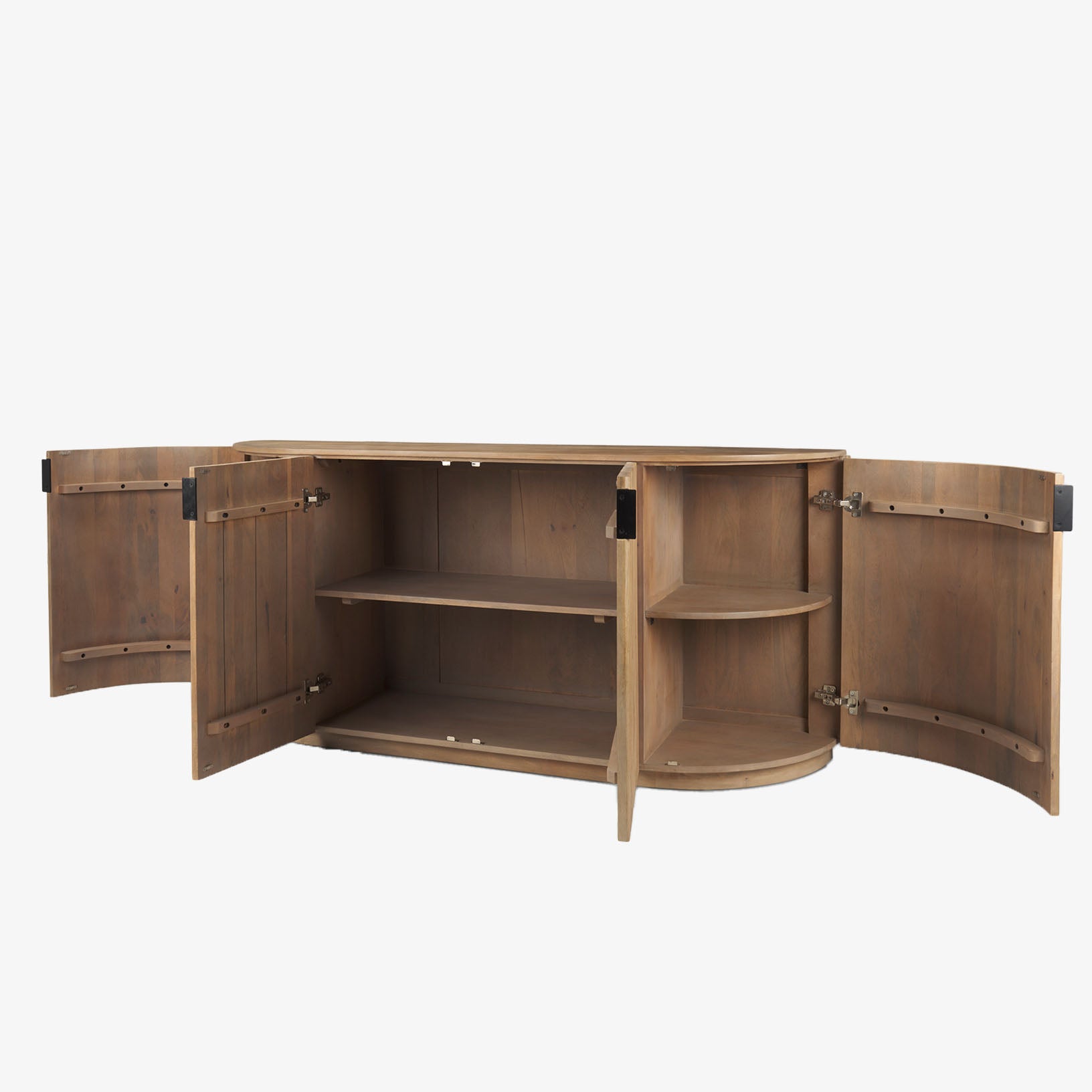 Natural reeded side board with four doors on a white background