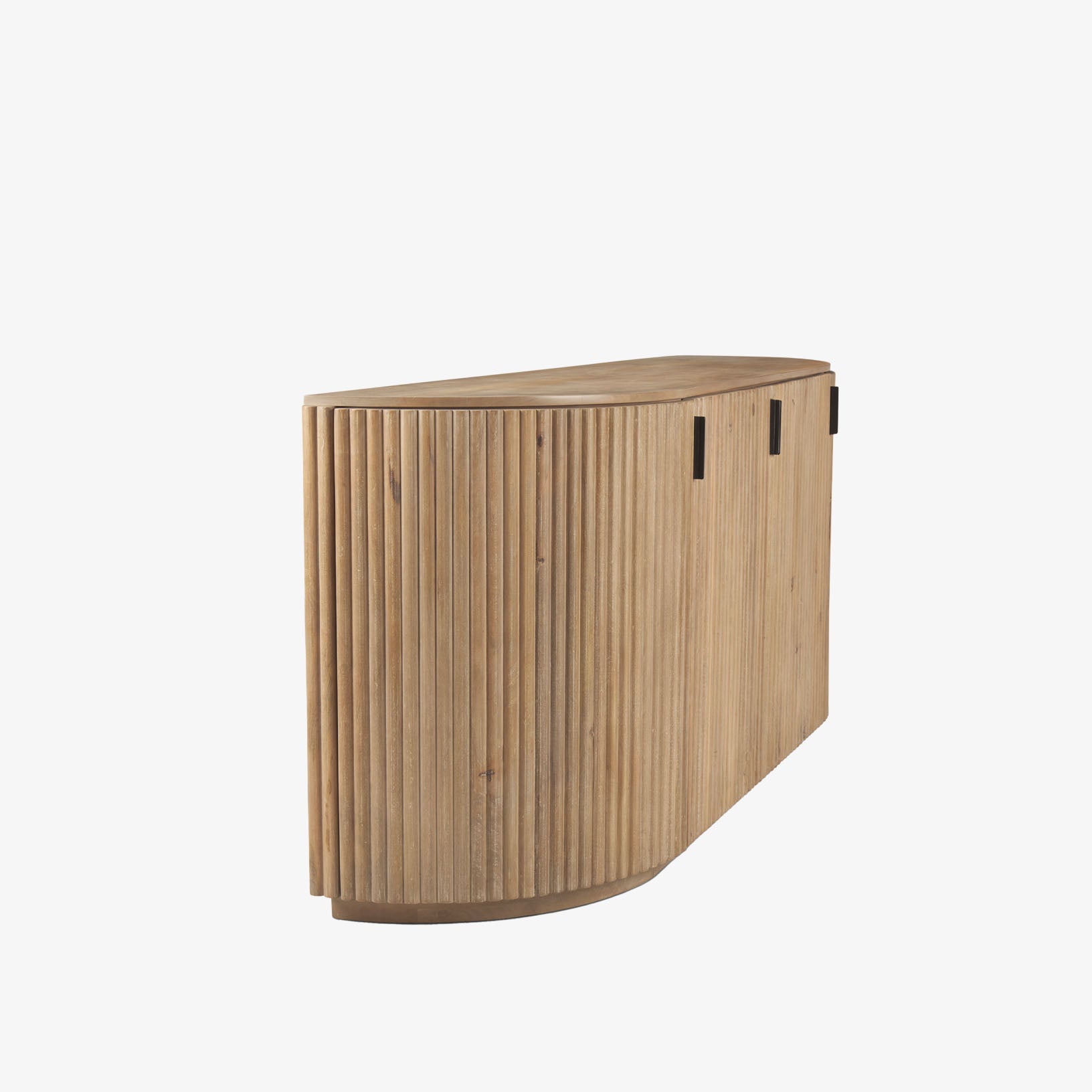 Natural reeded side board with four doors on a white background