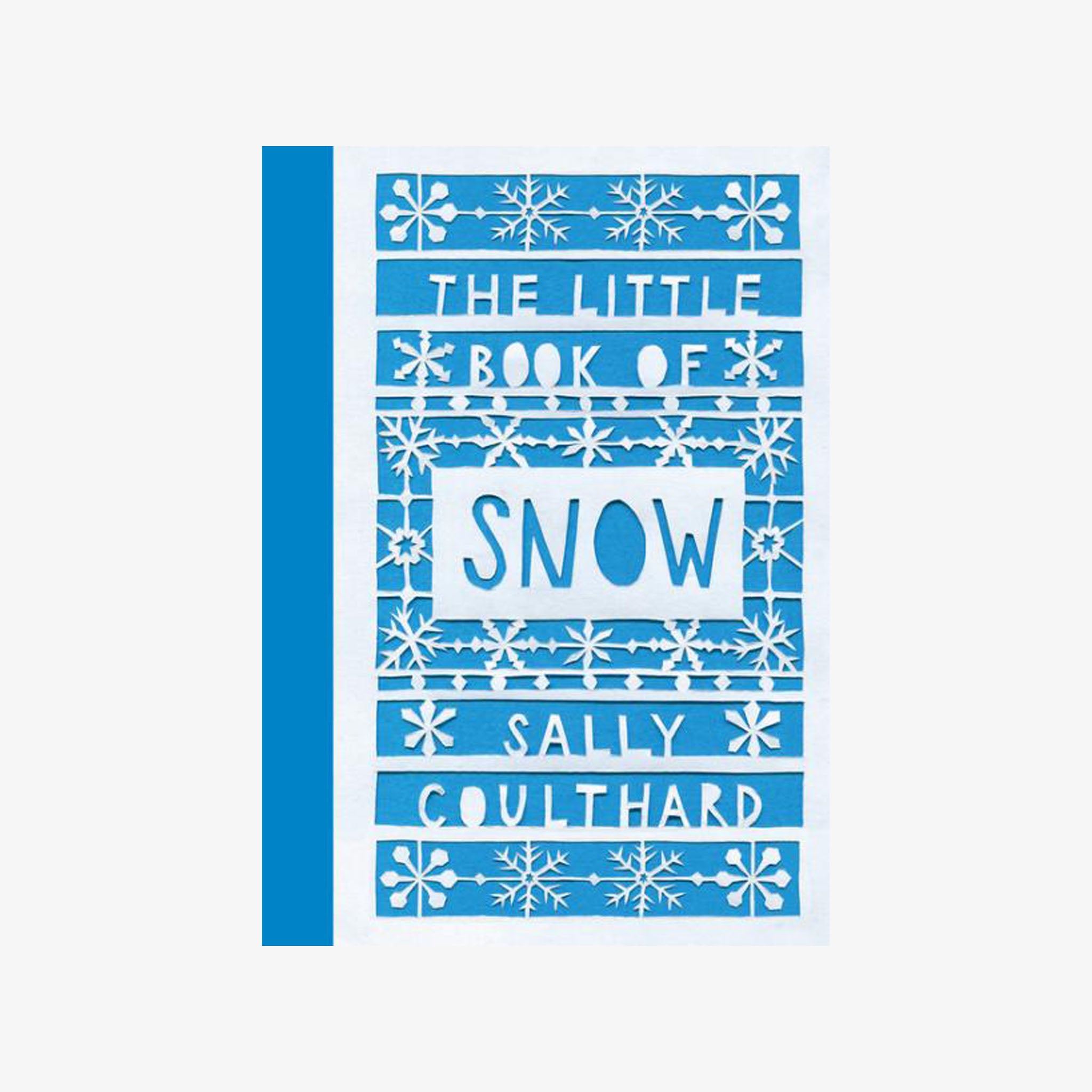 Blue book cover with snowflake patterns and text 'The Little Book of Snow' by Sally Coulthard