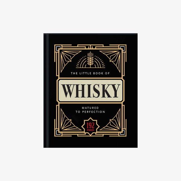 Front cover of black book with gold lettering titled 'the little book of whiskey'  on a white background