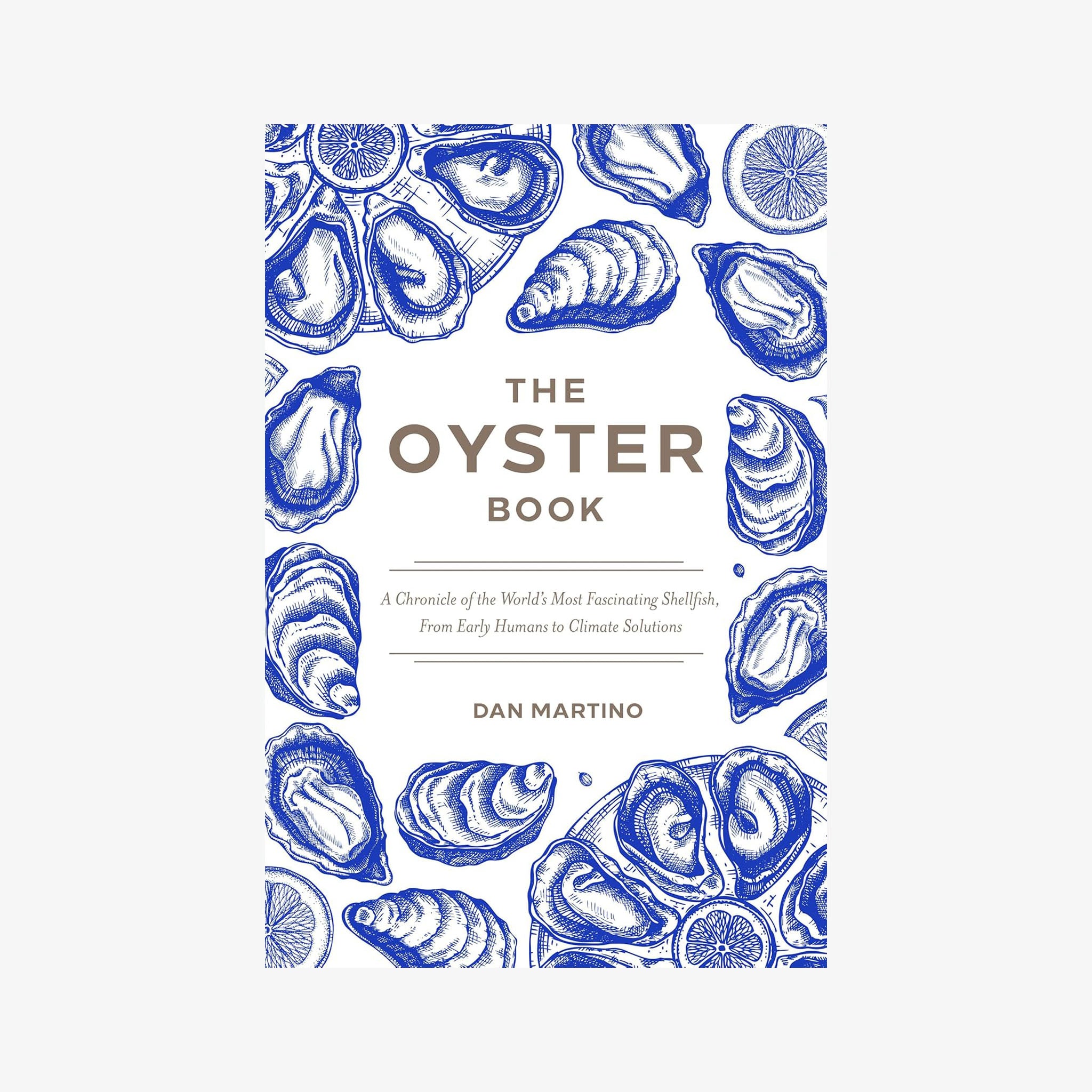 Blue and white front cover of The Oyster Book on a white backrgound