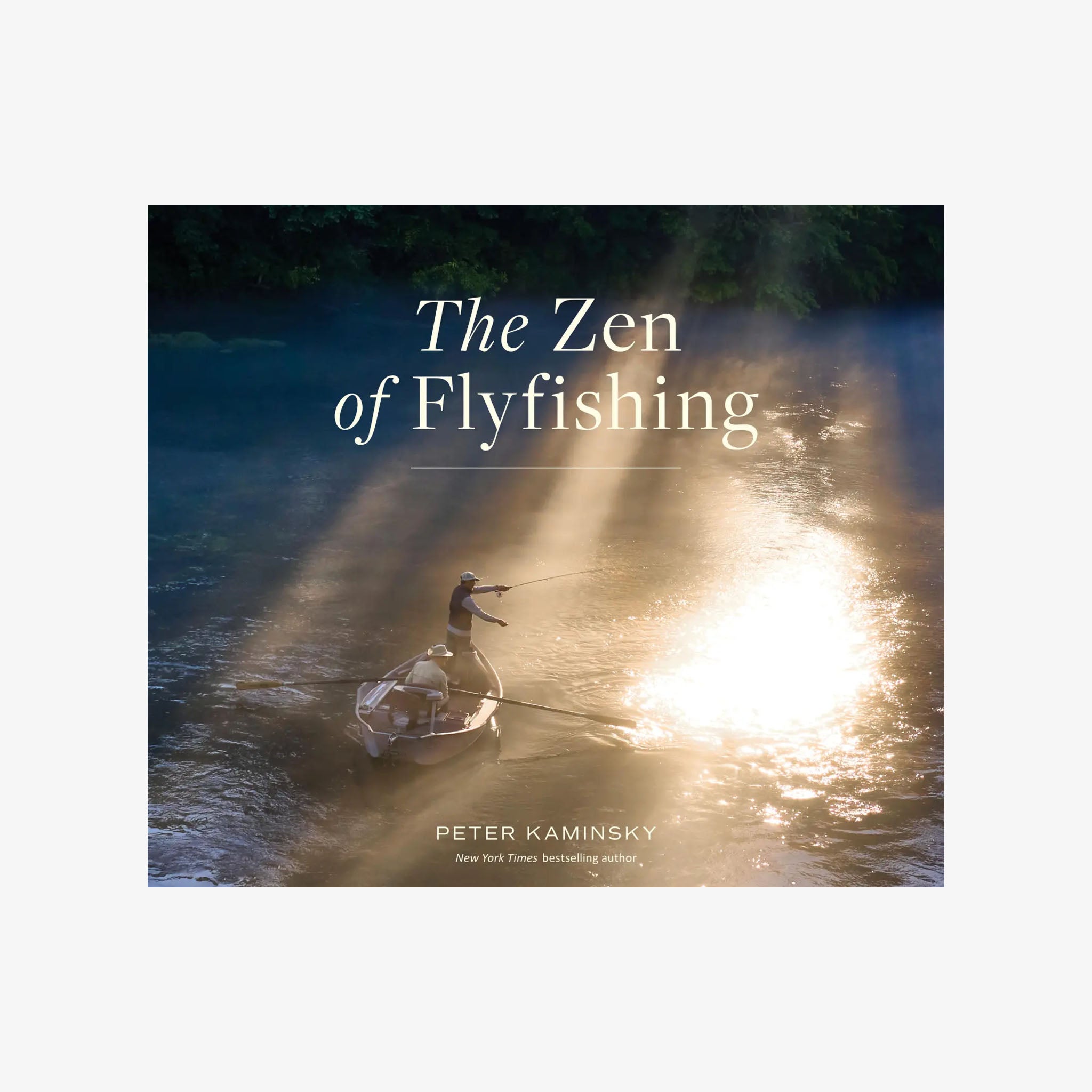 Book cover of 'The Zen of Flyfishing' with a person fishing in a boat on a river.