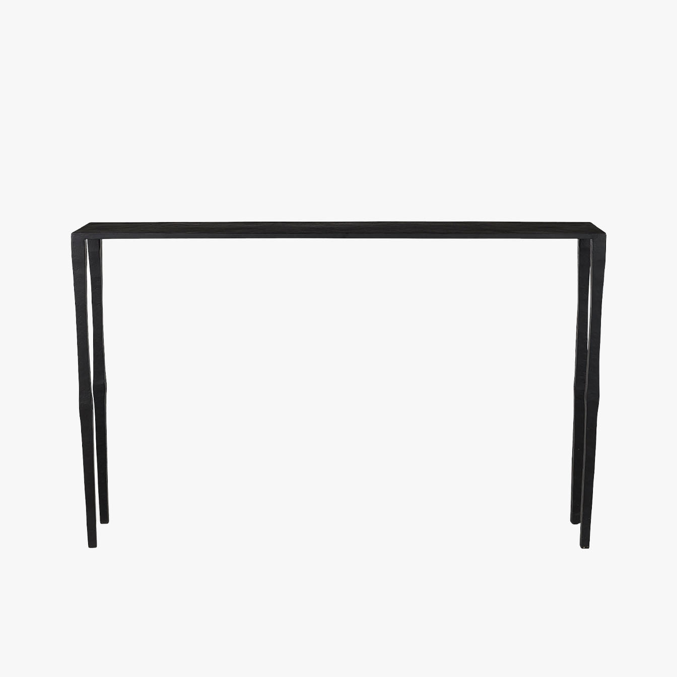 Black iron console table with narrow depth on a white background