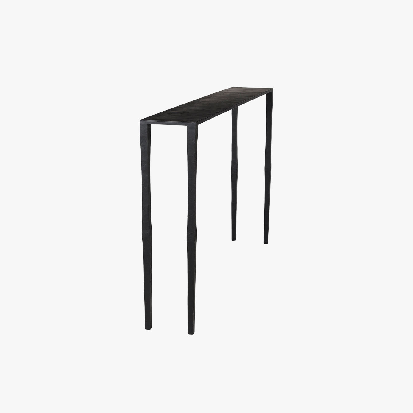 Black iron console table with narrow depth on a white background