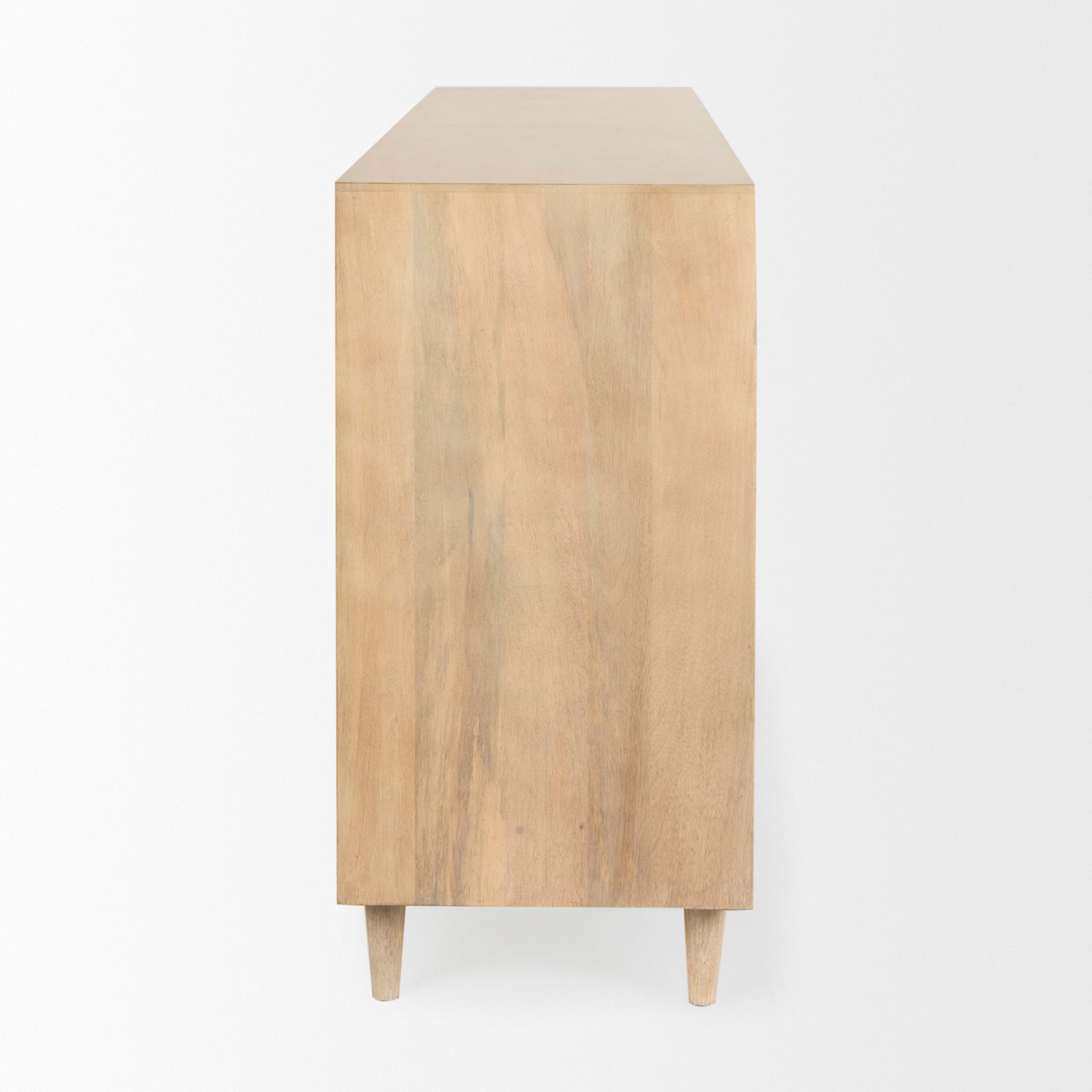 side of Tucker Light Brown Wood w/ Carved Arch Pattern 4 Door Sideboard on a white background