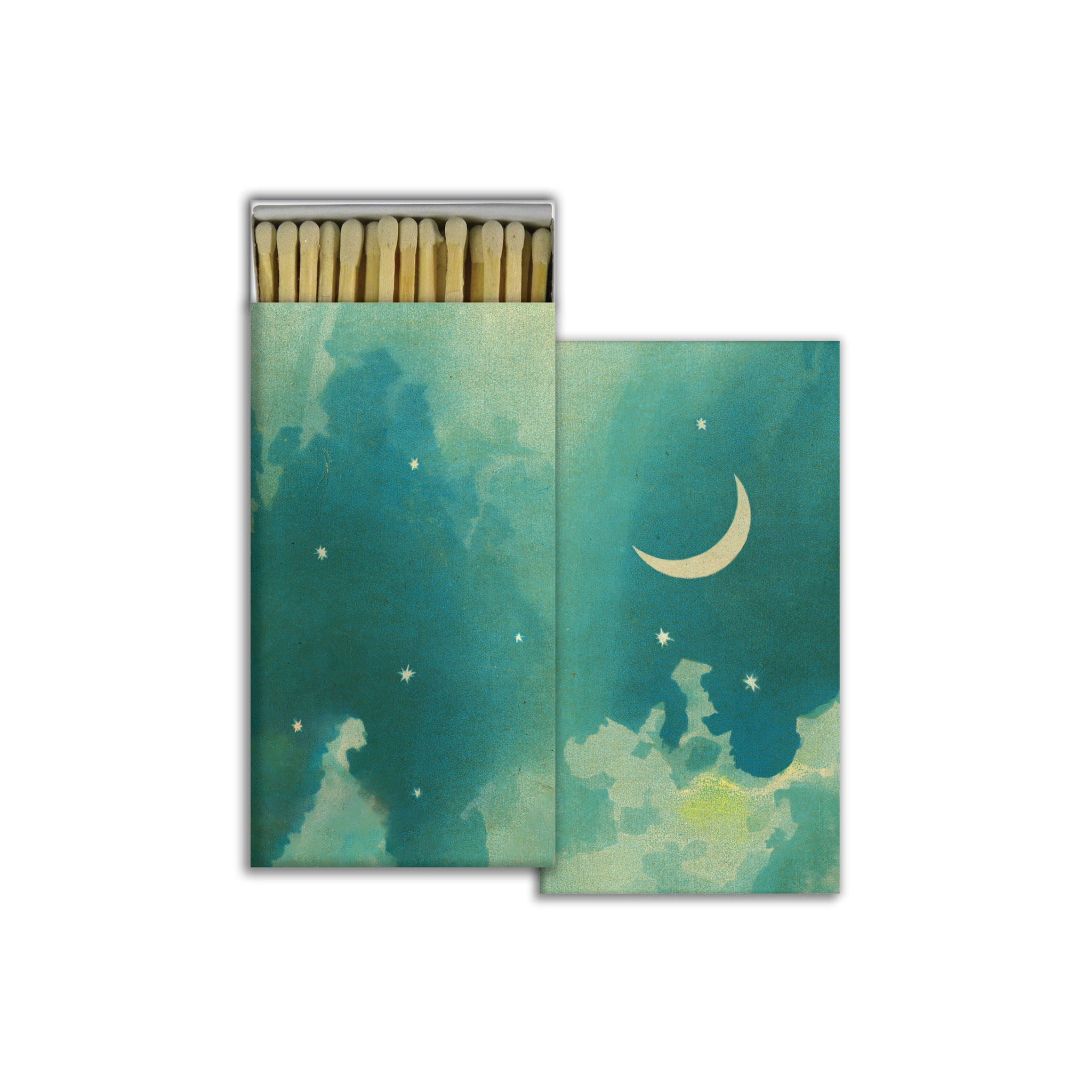 A match box with a design of a crescent moon and stars on a blue background.