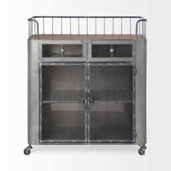 Mercana brand Udo Metal Frame Two Door Cabinet with Two Drawers & Wood Top Bar Cart on a white background