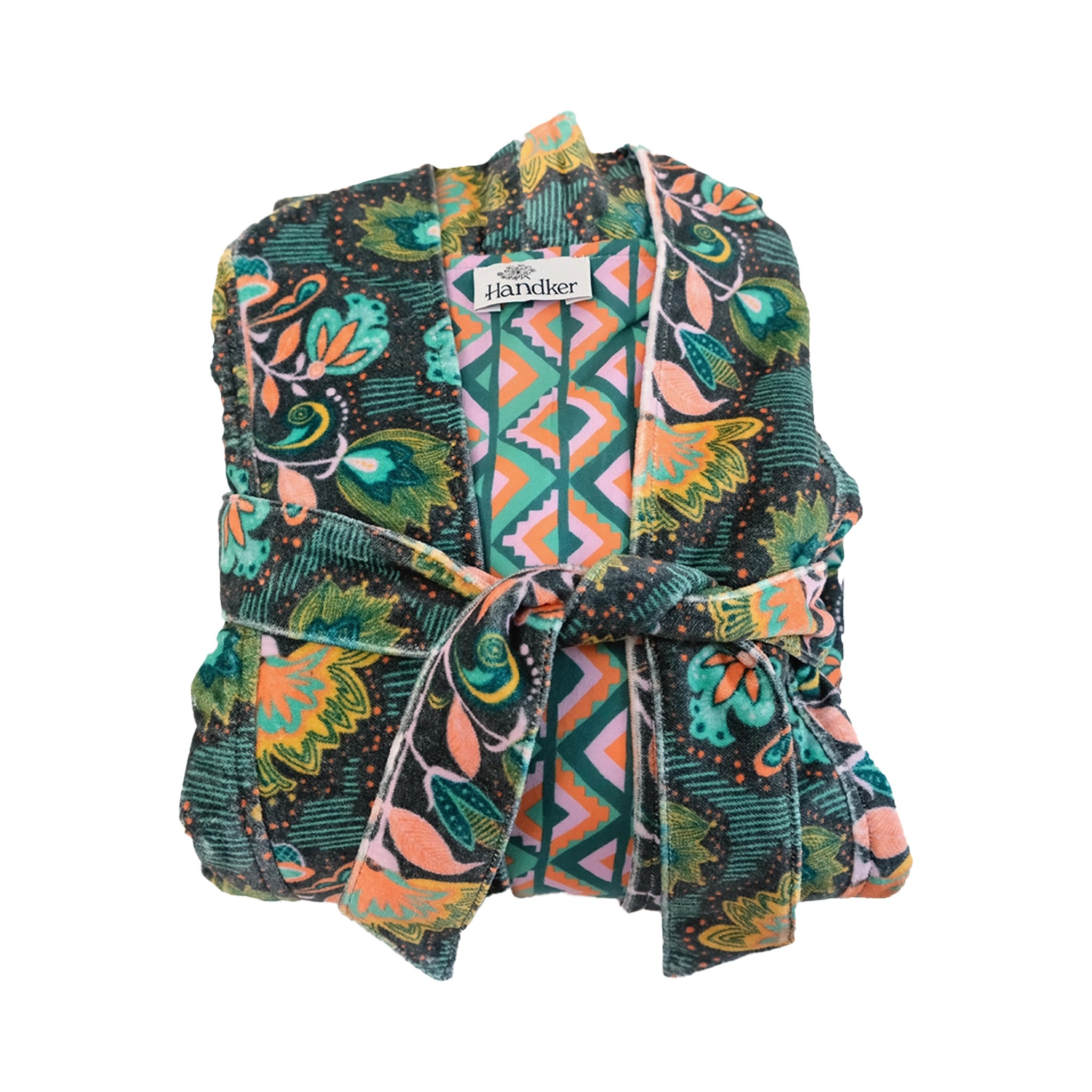 Printed cotton velvet robe by Handker on a white background