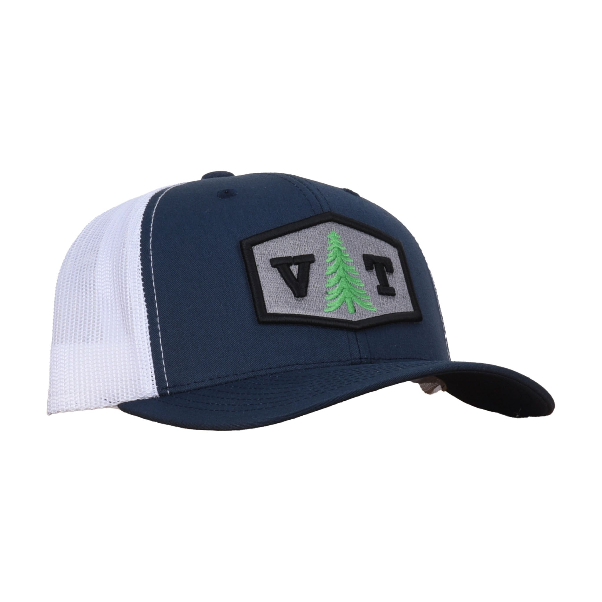 Vermont baseball hat with Hexagon shape patch in Navy + White