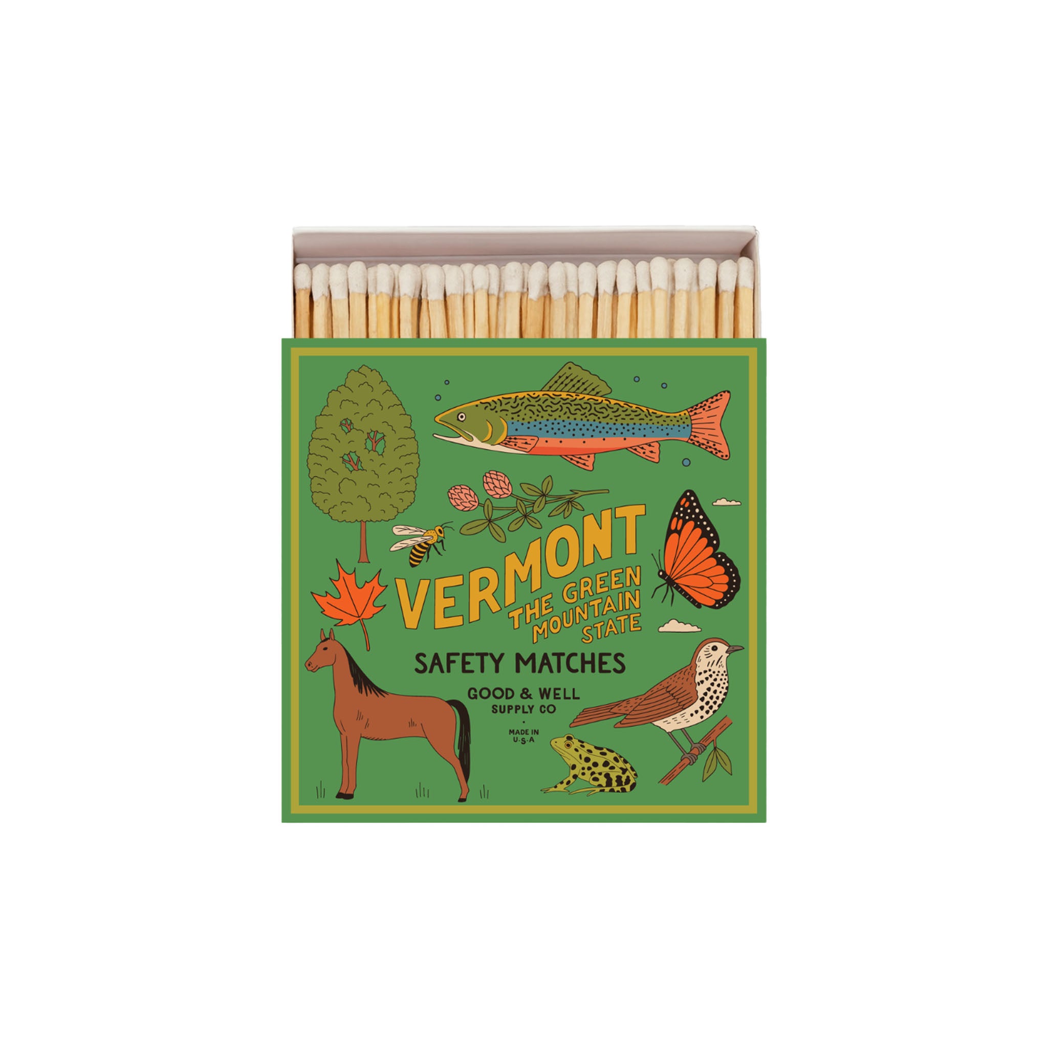 Matches box with Vermont-themed illustrations on a white background
