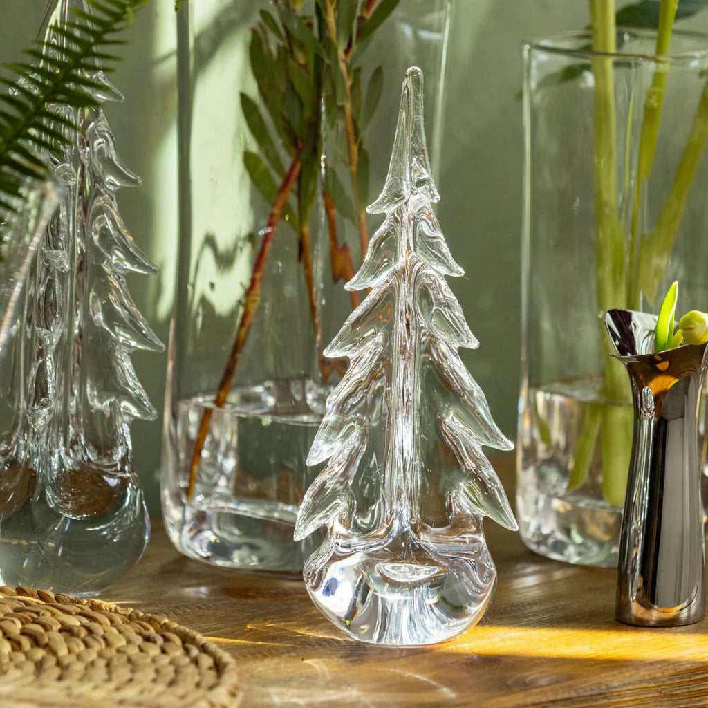 Vermont Evergreen Glass Tree, 14" on a table at Addison West