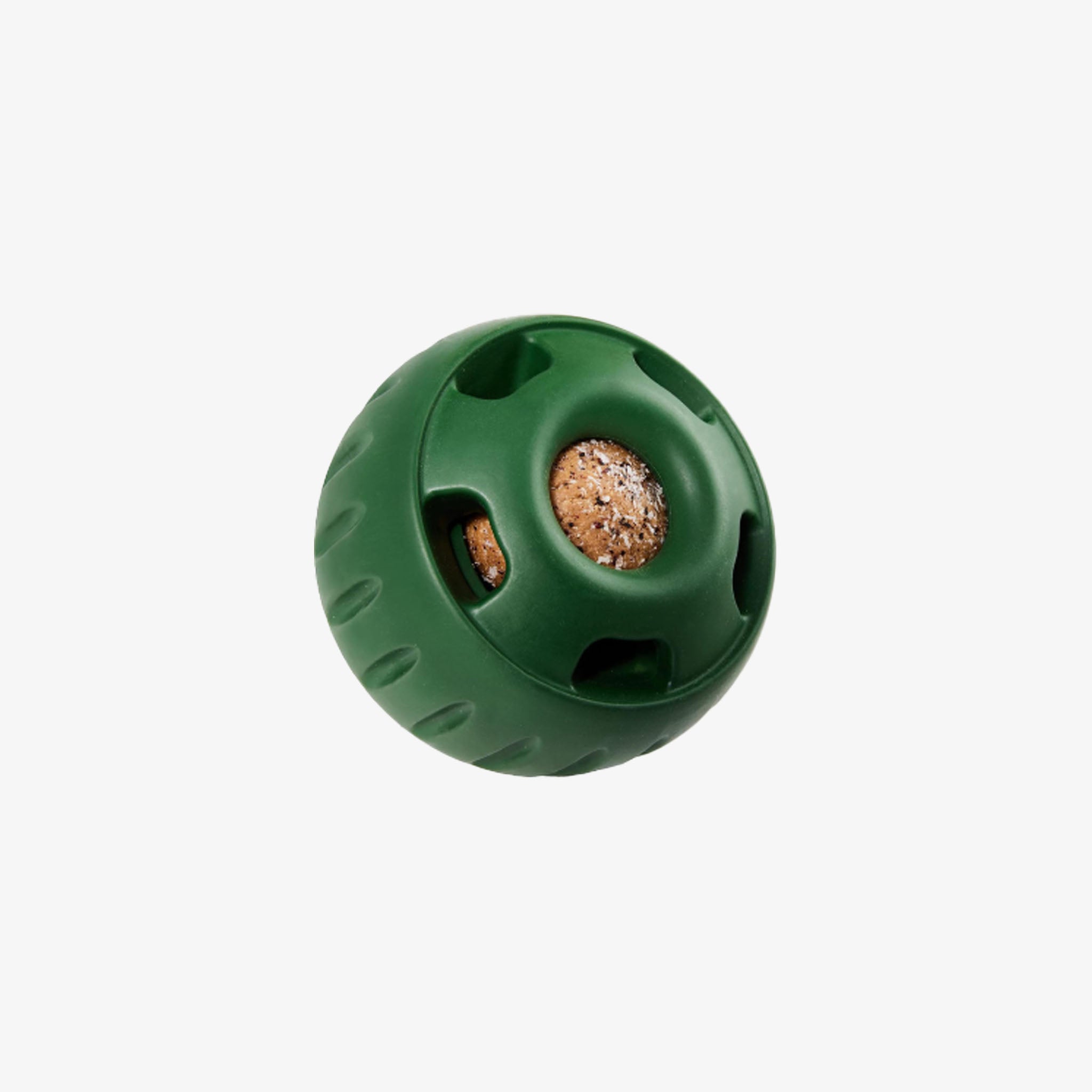 Green pet toy ball with a textured surface on a white background