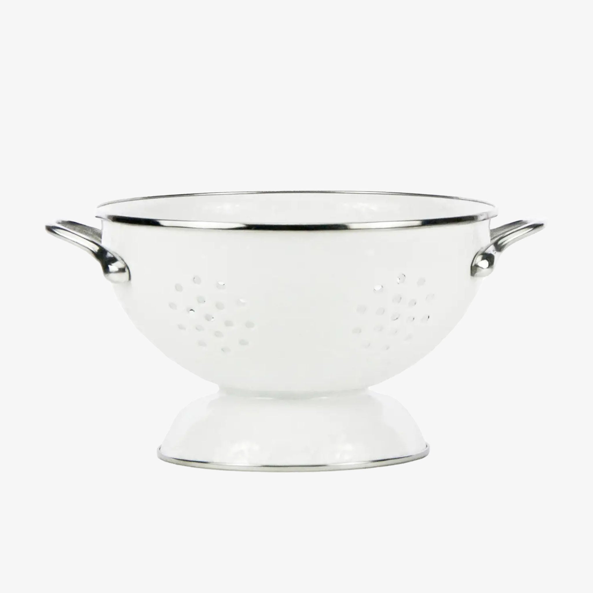 Golden rabbit brand White Enamelware Colander in 3 quart medium size on a white background