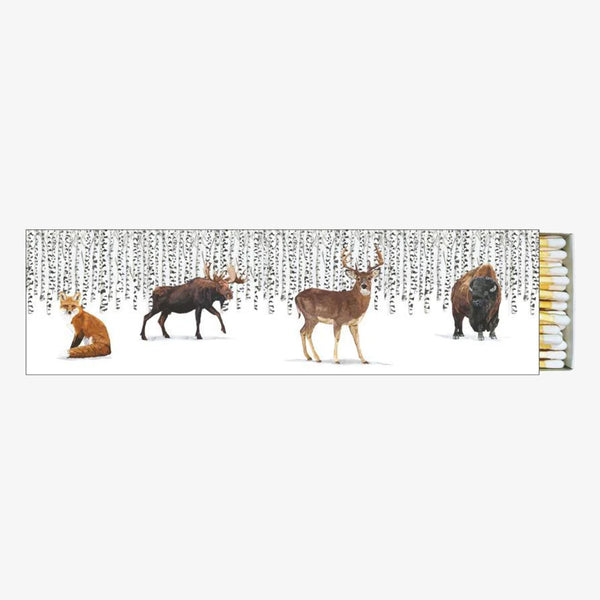 'Wilderness Animals Long Matches' by paper product designs with fox and deer and buffalo and moose among birch trees in snow on a white background