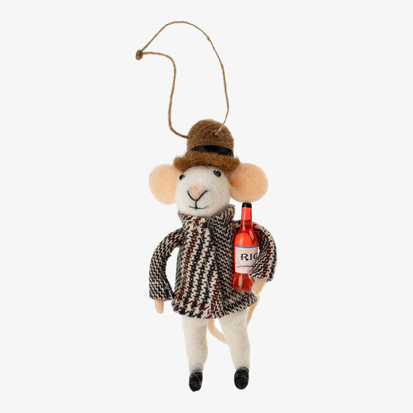 Indaba brand 'Winston Wine' felted mouse ornament with brown hat and checked knit sweater and wine bottle on a white background