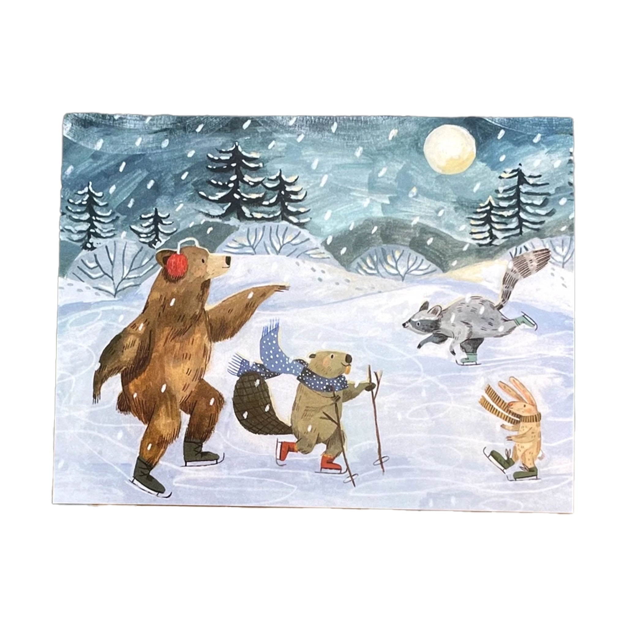 Greeting card with Illustration of bears and a raccoon in a snowy landscape with trees and a moon.