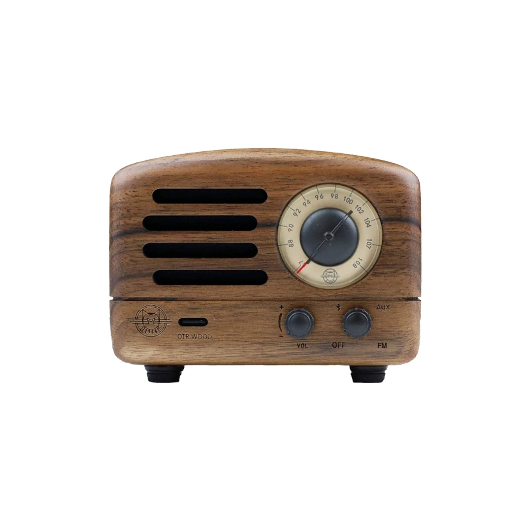 Muzen Utopia Wireless FM and Bluetooth Speaker in Walnut on a white background