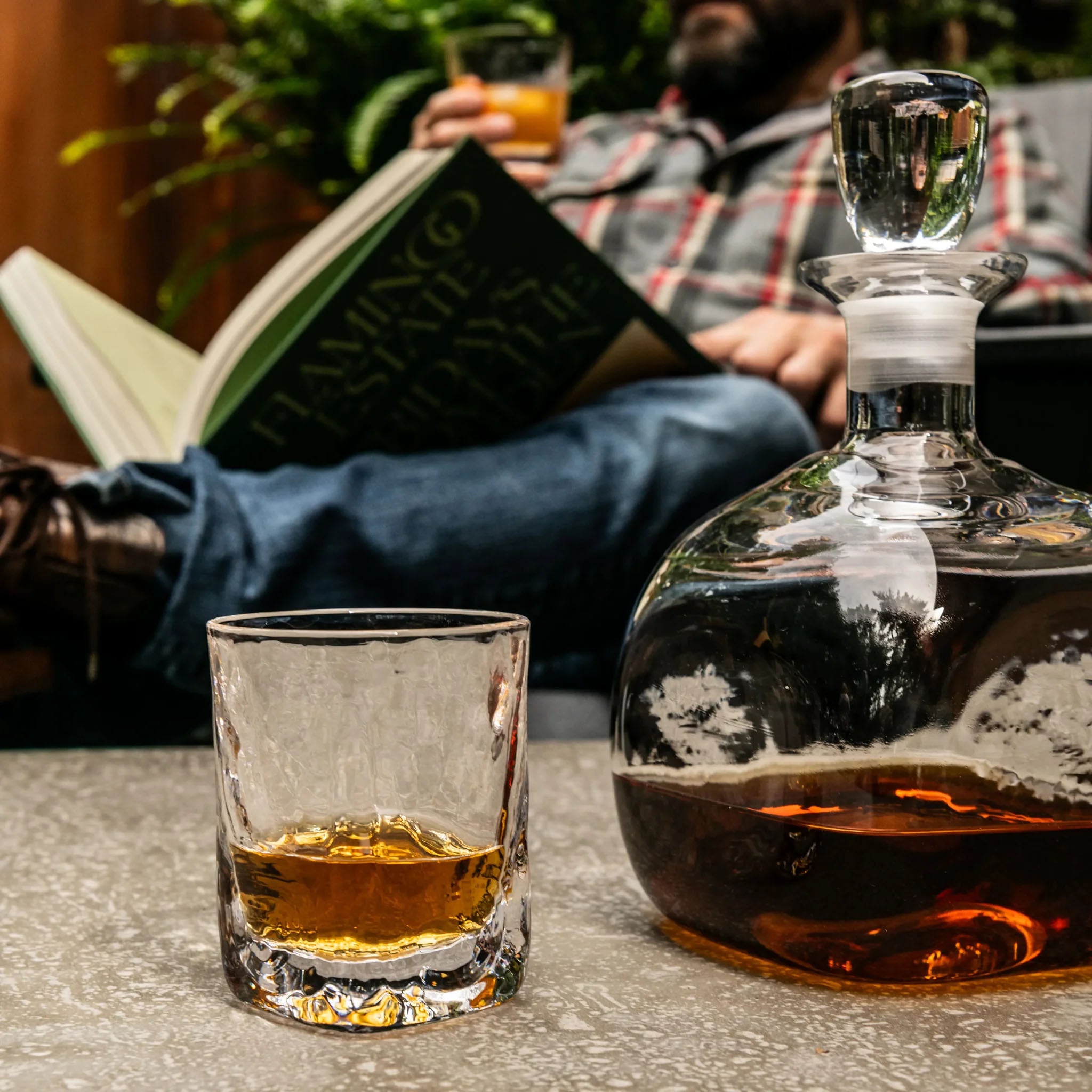Woodbury Double Old-Fashioned Glass, Set of 2 on a table with a decanter at Addison West