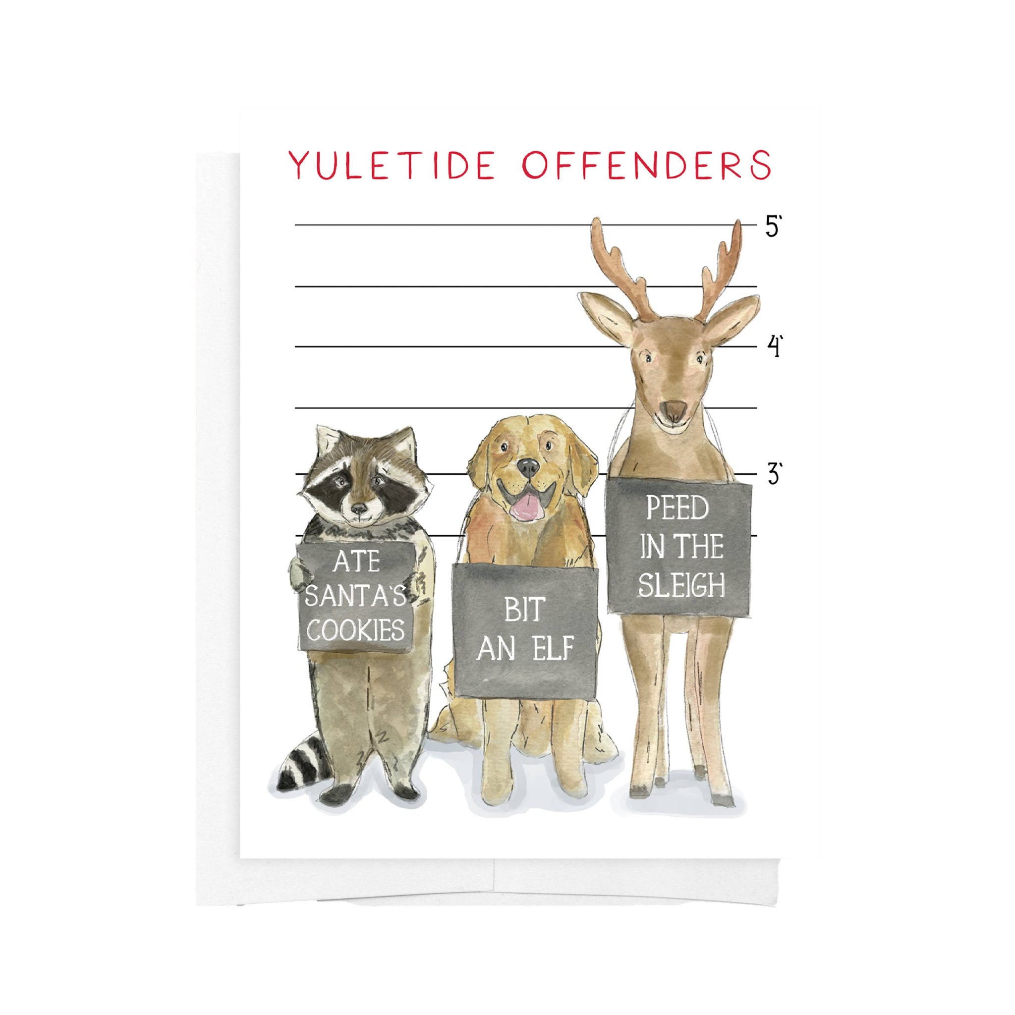 Card with illustrations of a raccoon, dog, and deer with humorous text, titled 'Yuletide Offenders'.