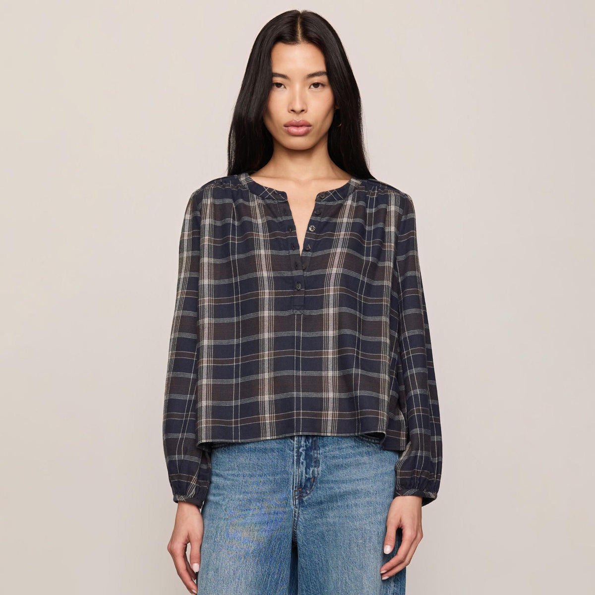 Z Supply Autumn Plaid Button Up in Eclipse shown on model on plain background.