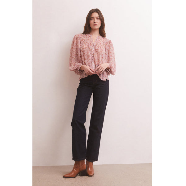 Model wearing black pants and brown boots with Z Supply Liene Floral Top In Shadow Mauve