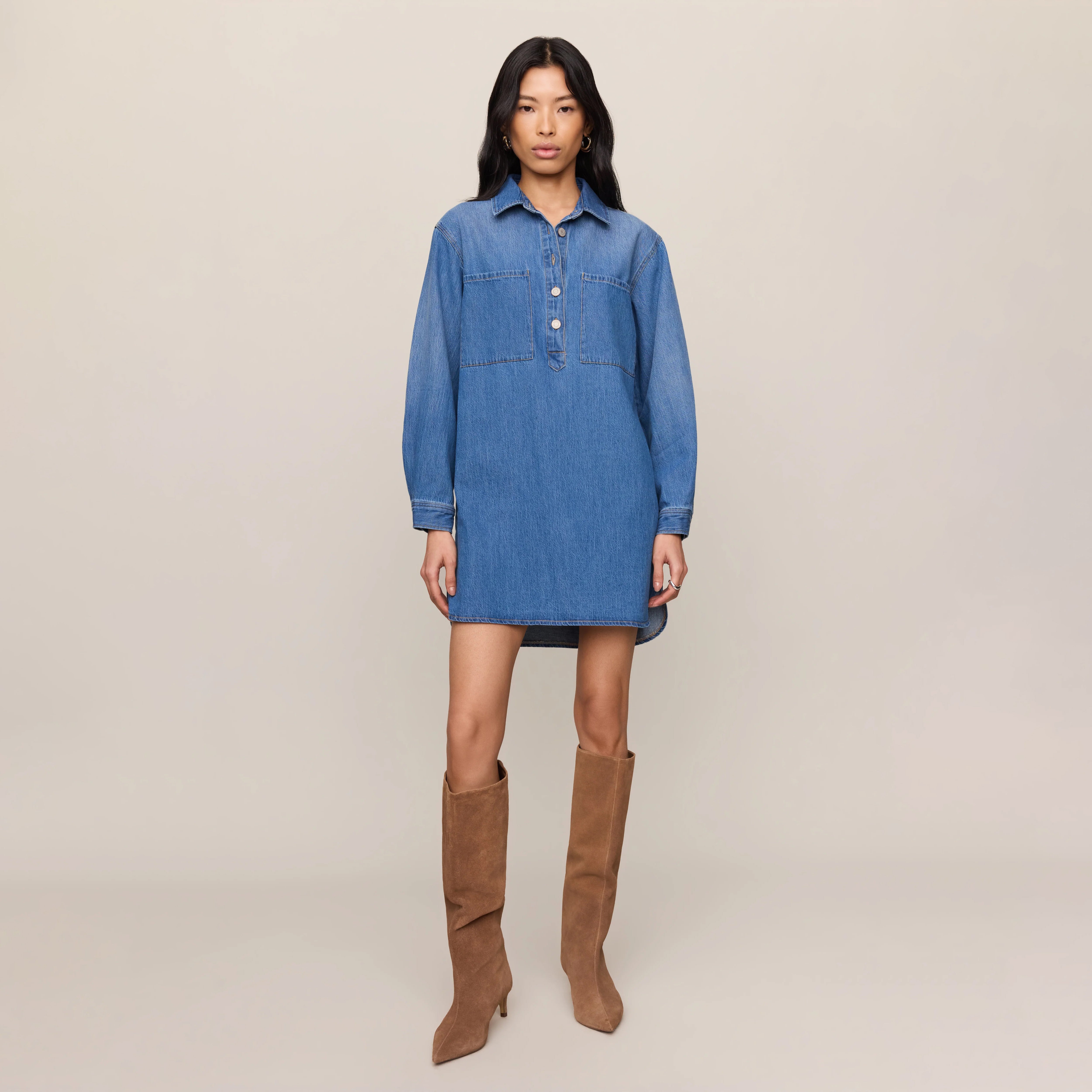 Z Supply Lucie Denim Shirt Dress in Dreamstate shown on model on plain background.