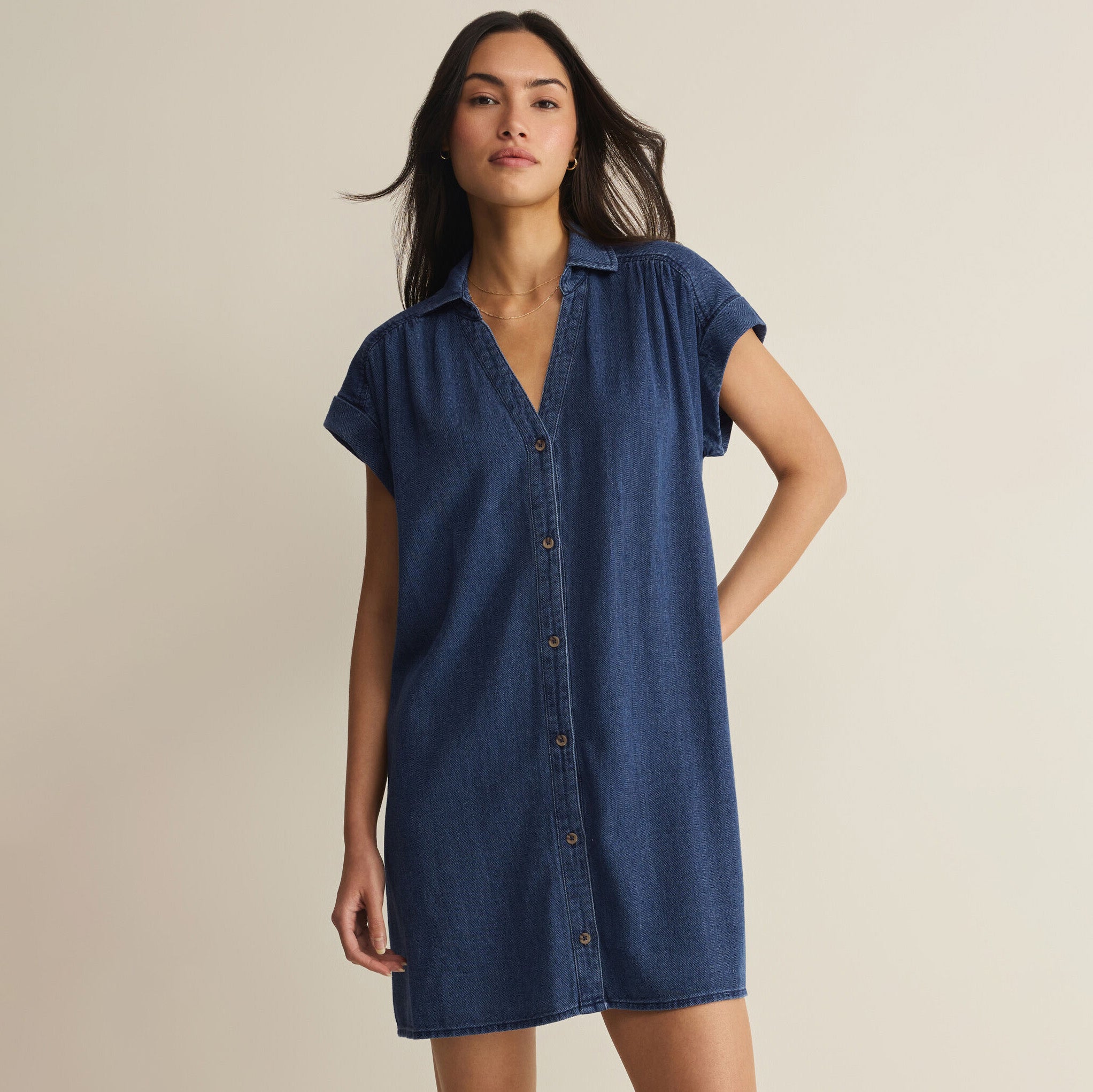 Woman wearing Z Supply Shellbound Twill Dress in Twilight Blue on plain background at Addison West.