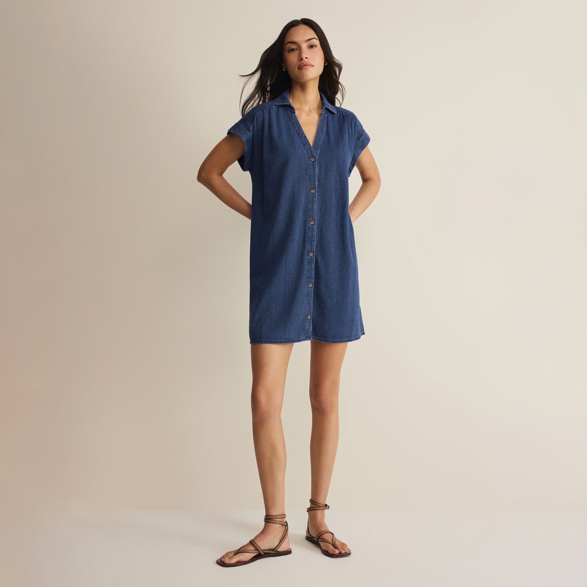 Woman wearing Z Supply Shellbound Twill Dress in Twilight Blue on plain background at Addison West.