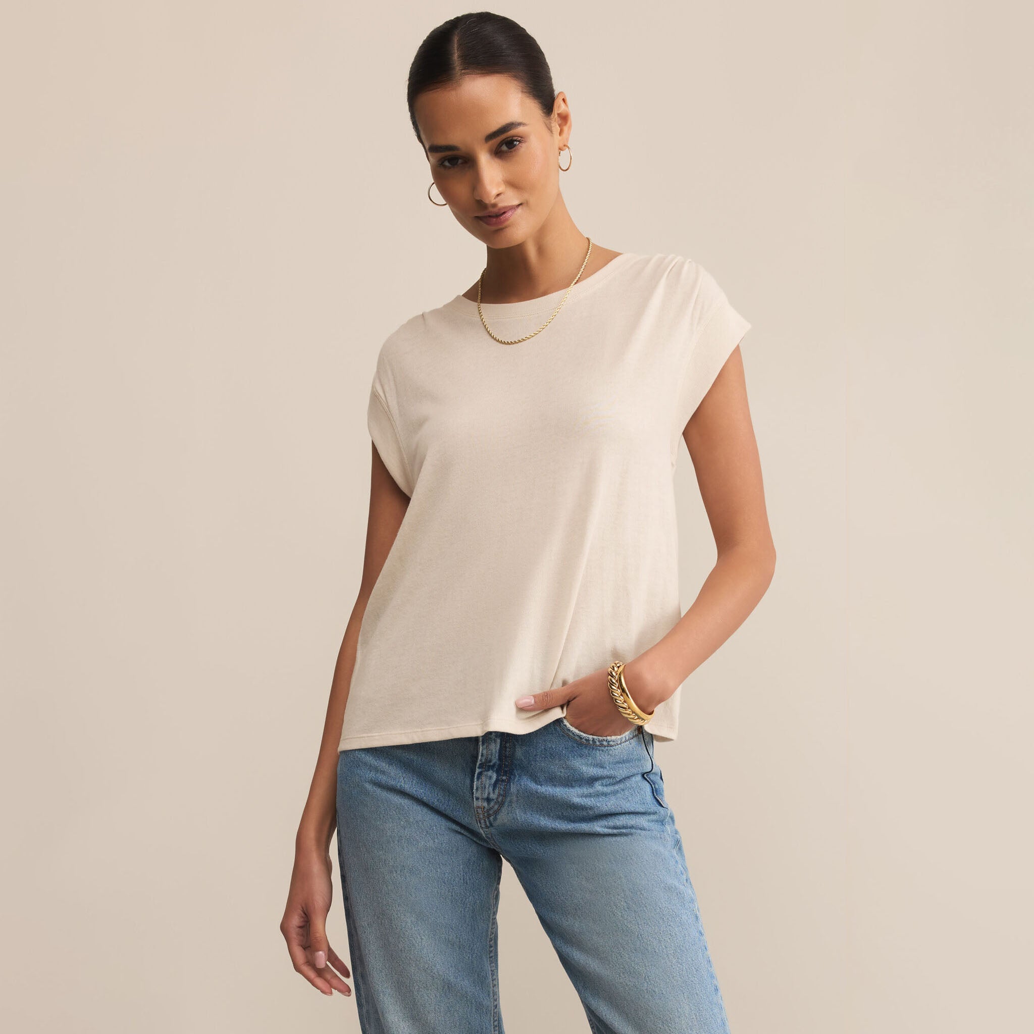 Z Supply Whisper Top in Crystal on a beige background at Addison West