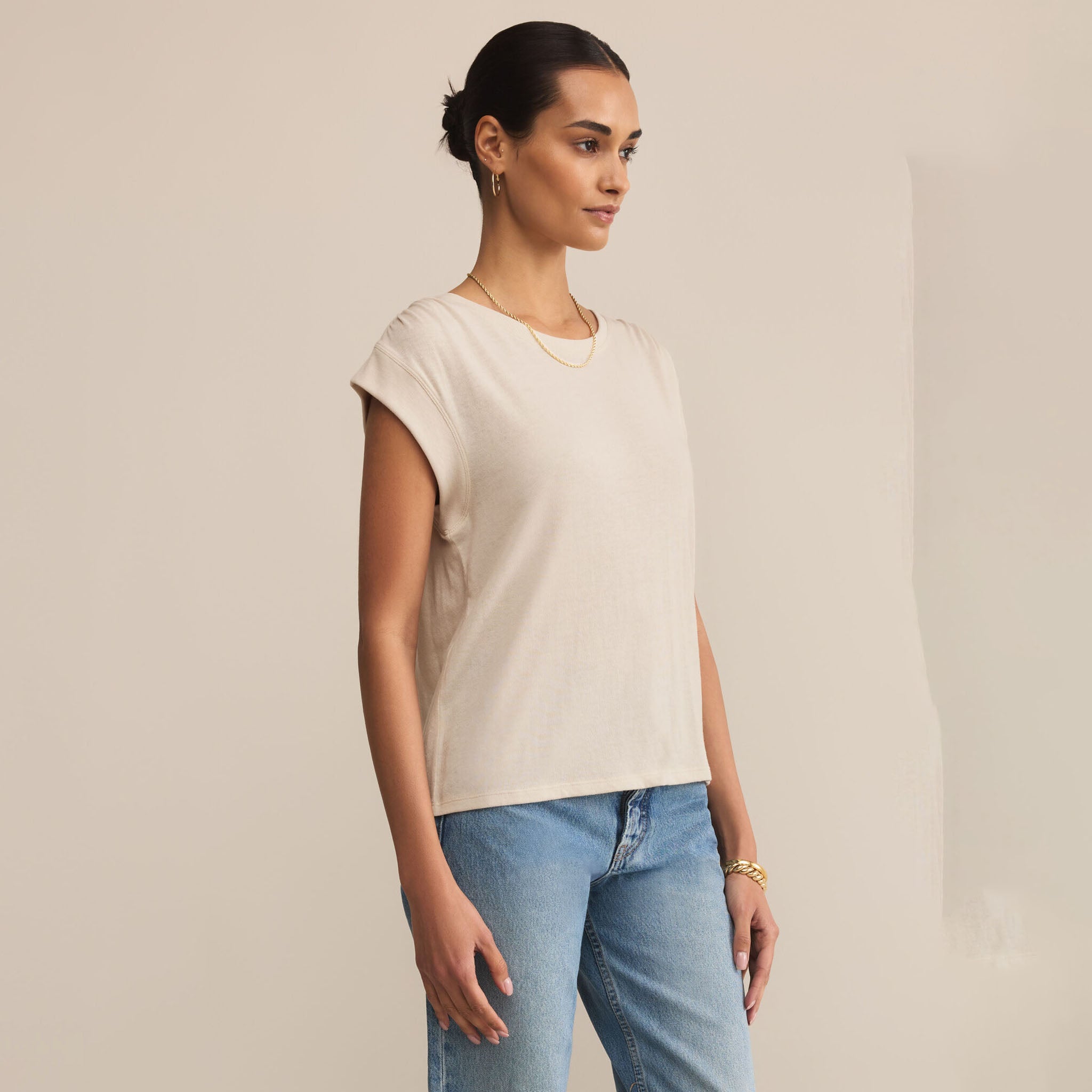 Z Supply Whisper Top in Crystal on a beige background at Addison West