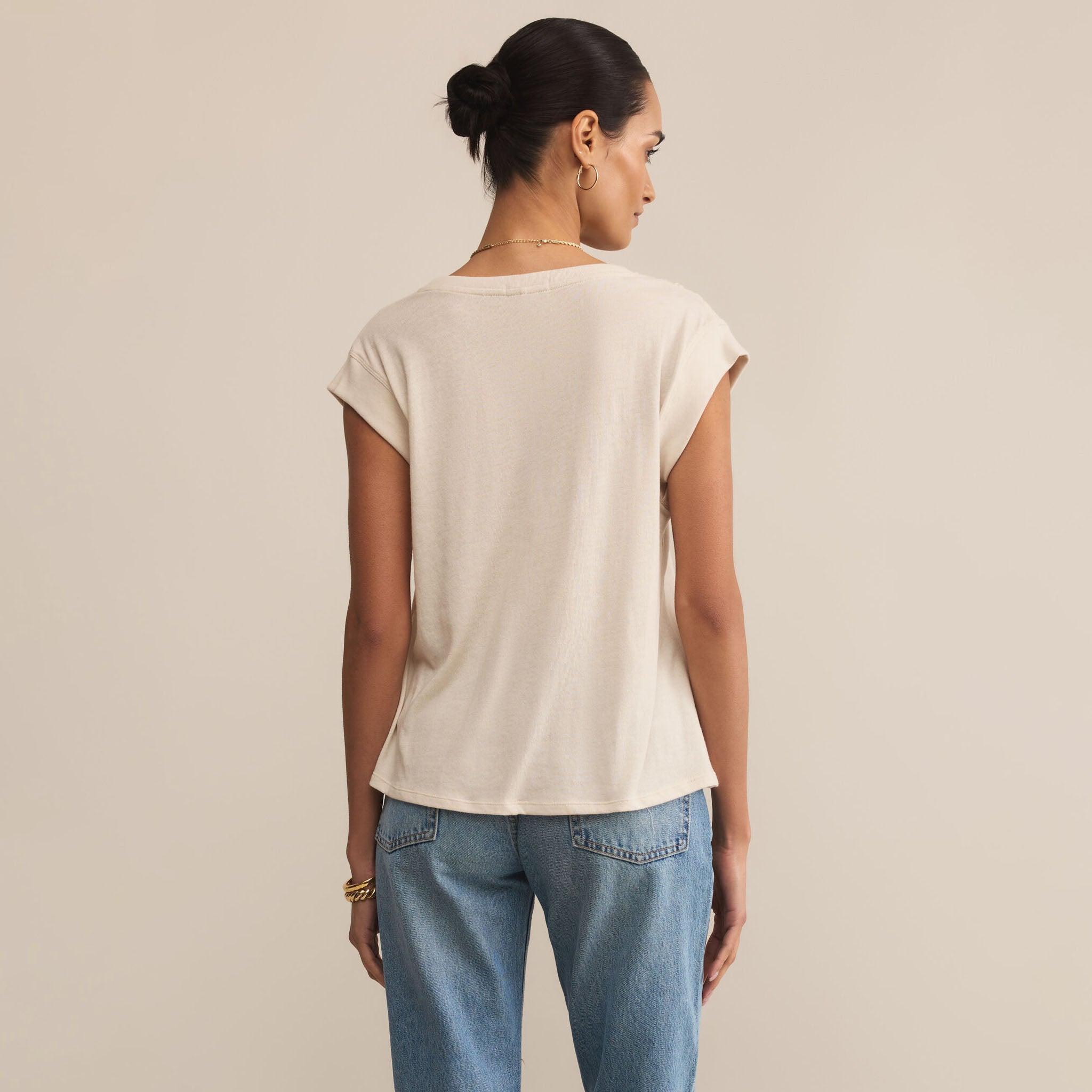 Z Supply Whisper Top in Crystal on a beige background at Addison West