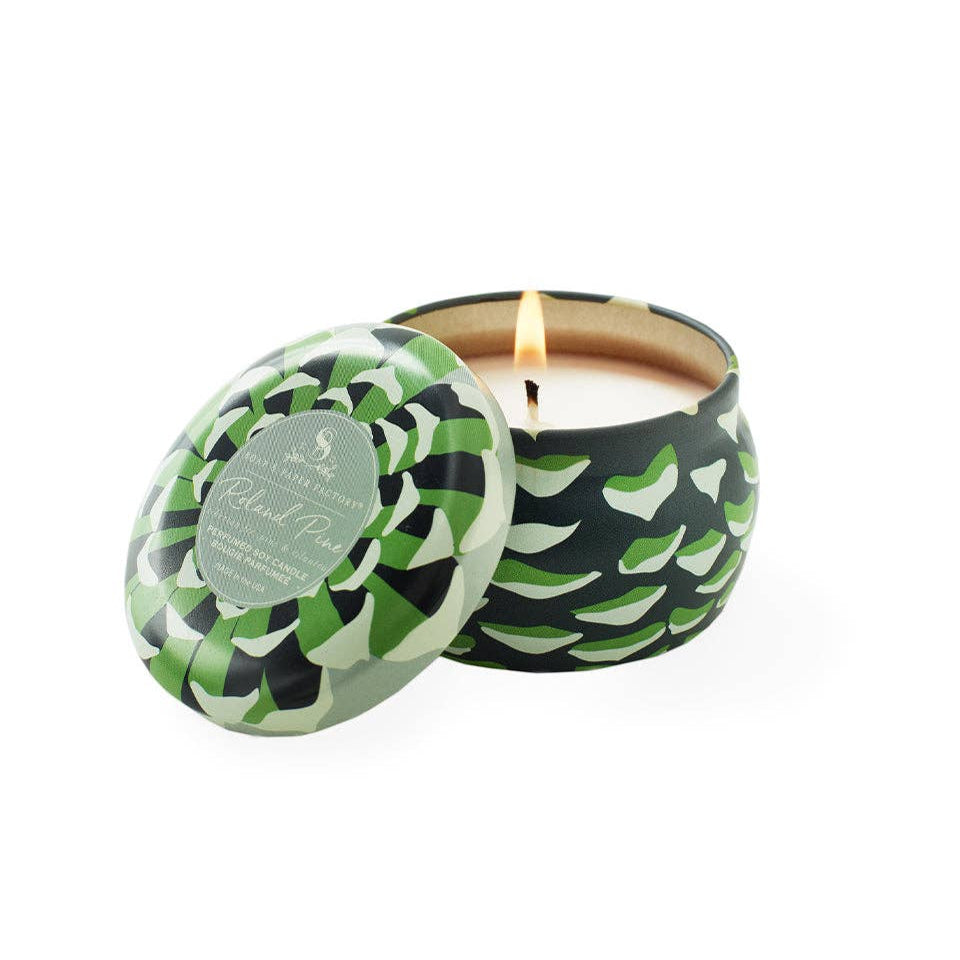 Roland Pine Small Tin Soy Candle on a white background at Addison West