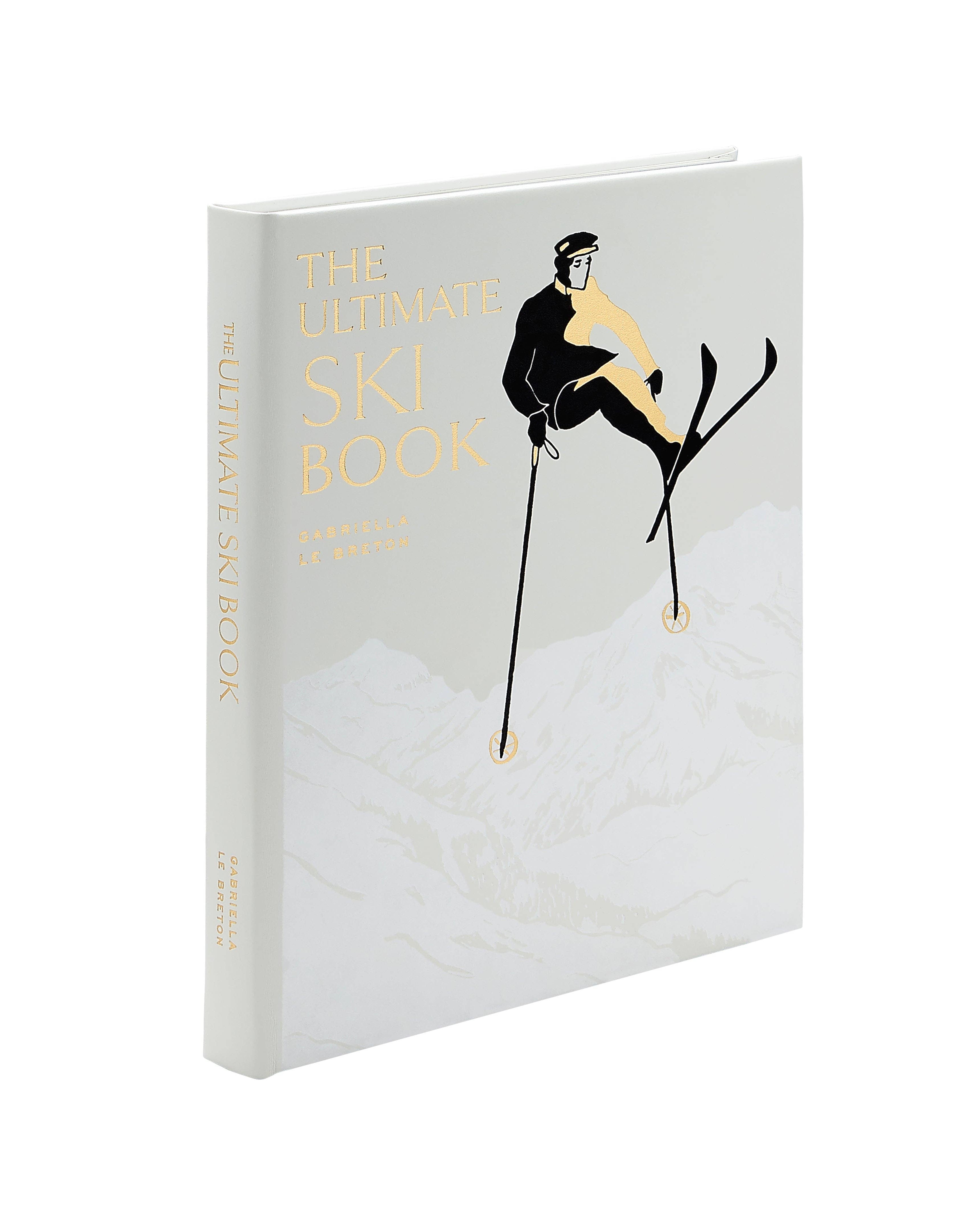 Book titled 'The Ultimate Ski Book' in leather by graphic image with a cover illustration of a skier on a white background