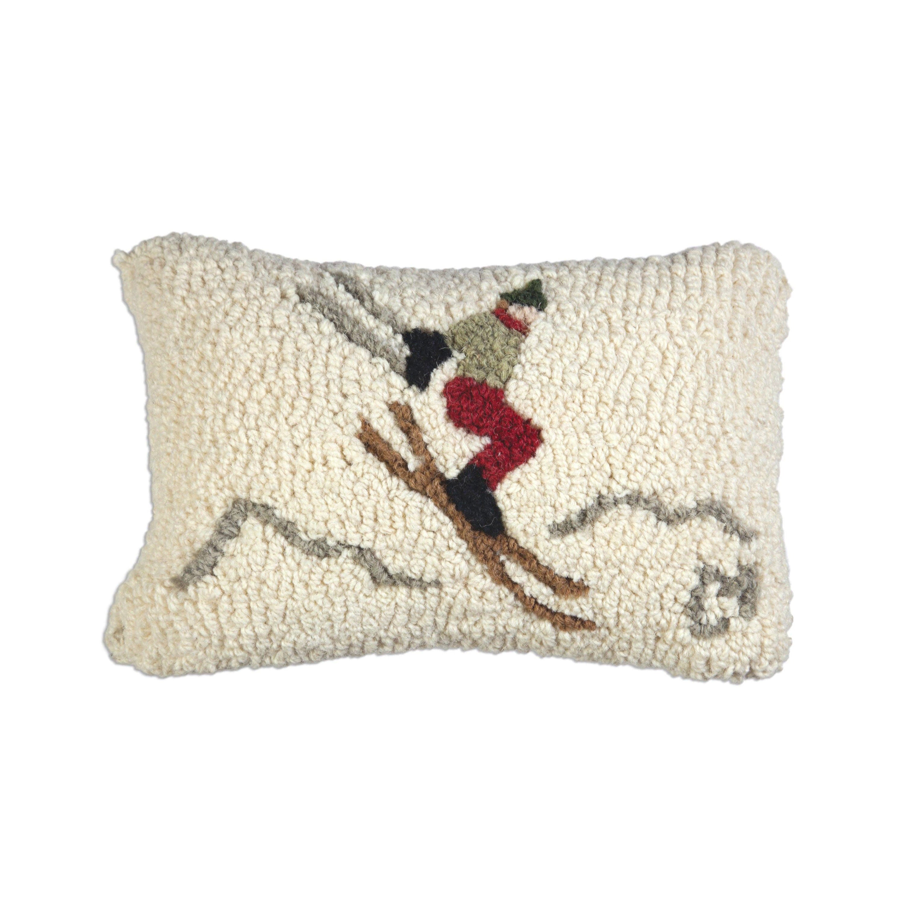 Yippee Ski Jumper Hand Hooked Pillow on a white background at Addison West
