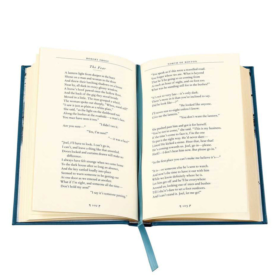 Book titled 'A Collection of Poems by Robert Frost' with a blue cover and white text.