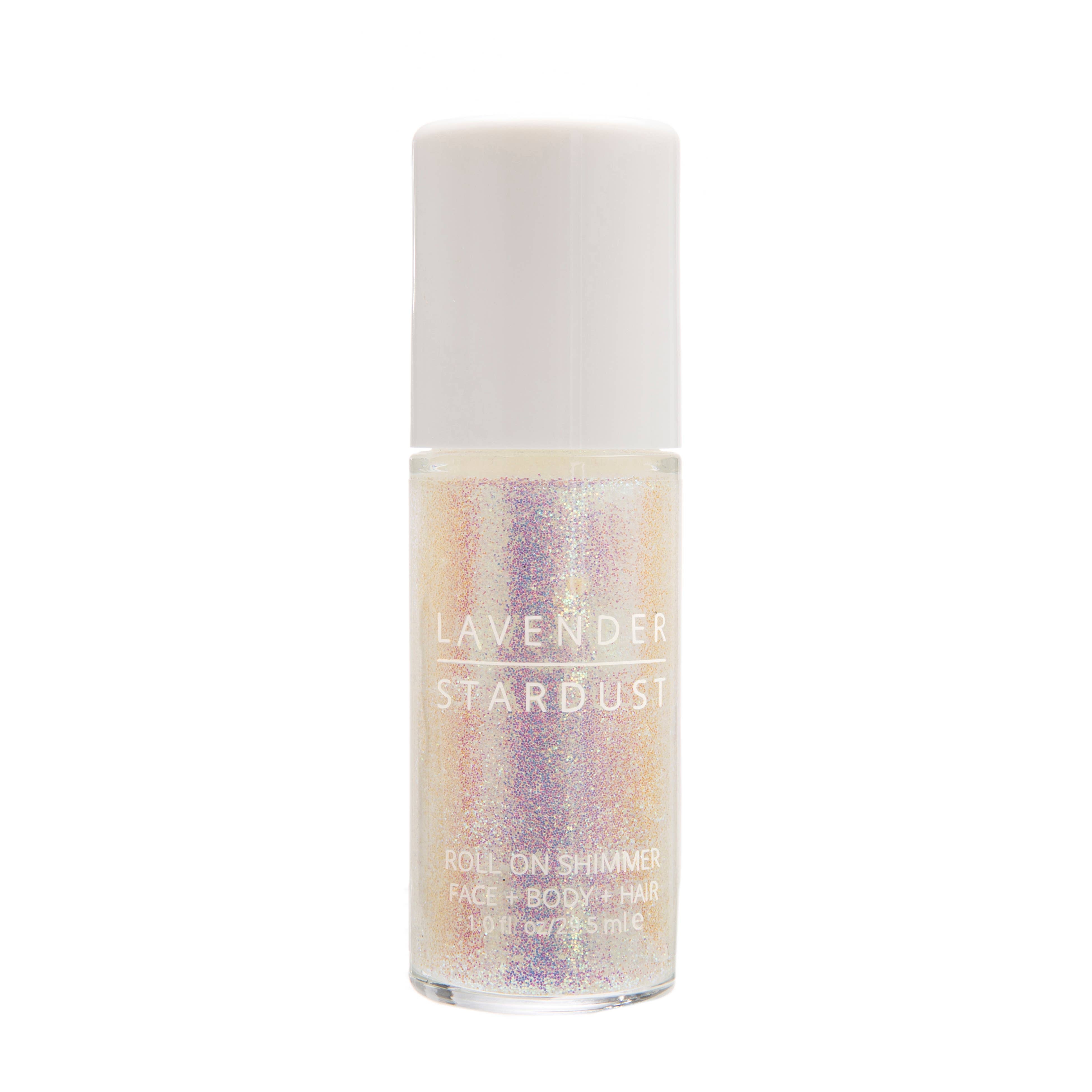 Roll-on shimmer bottle labeled 'Lavender Stardust' on a white background