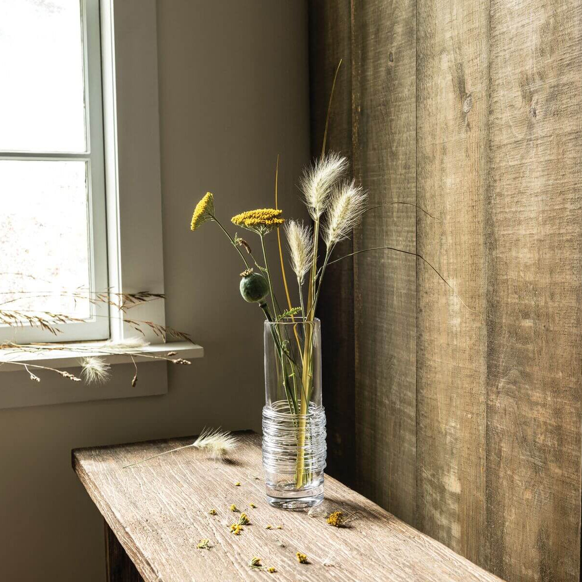 Simon Pearce  Echo Lake Gather Vase on a wood background at Addison West