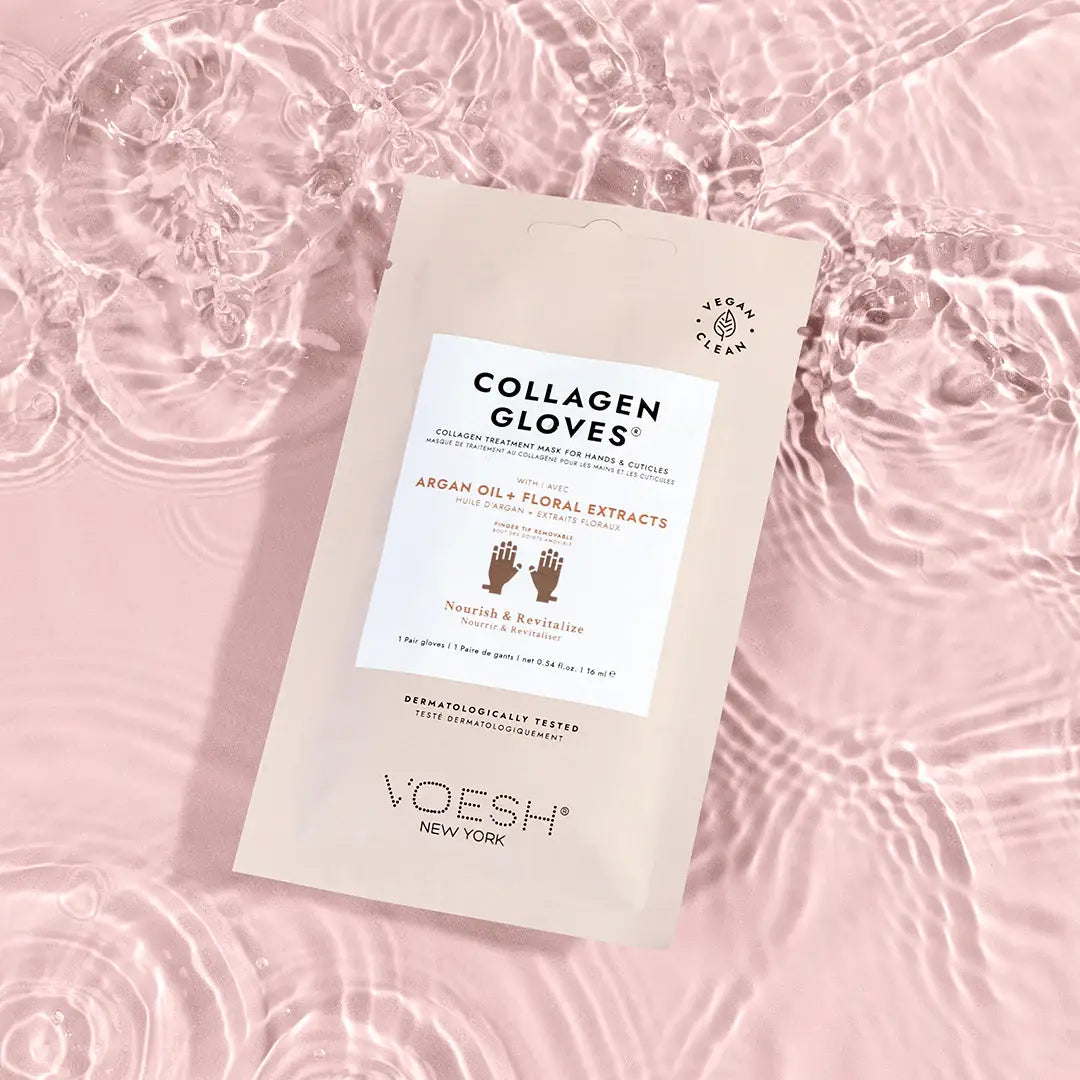 Collagen Gloves with Argan Oil & Floral Extracts on a pink background at Addison West