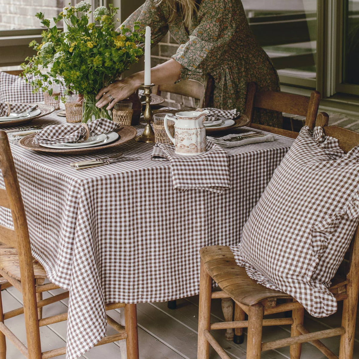 Tobacco Gingham Check Linen Tablecloth, 60" x 90" on a table at Addison West