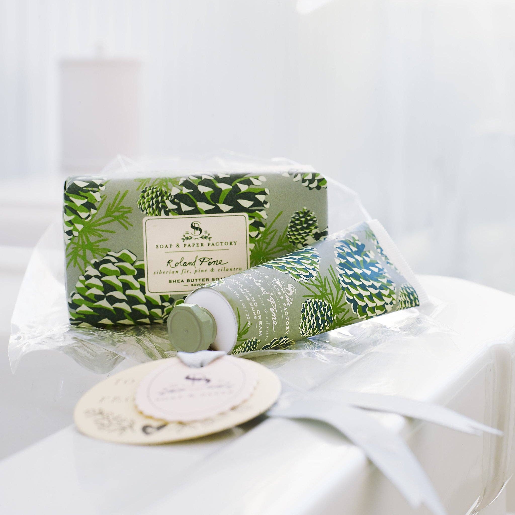 Roland Pine Hand Cream & Soap Gift Set on a white background at Addison West
