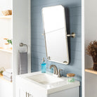 Burnish Accent Mirror in Antiqued Silver on a blue wall in a bathroom at Addison West