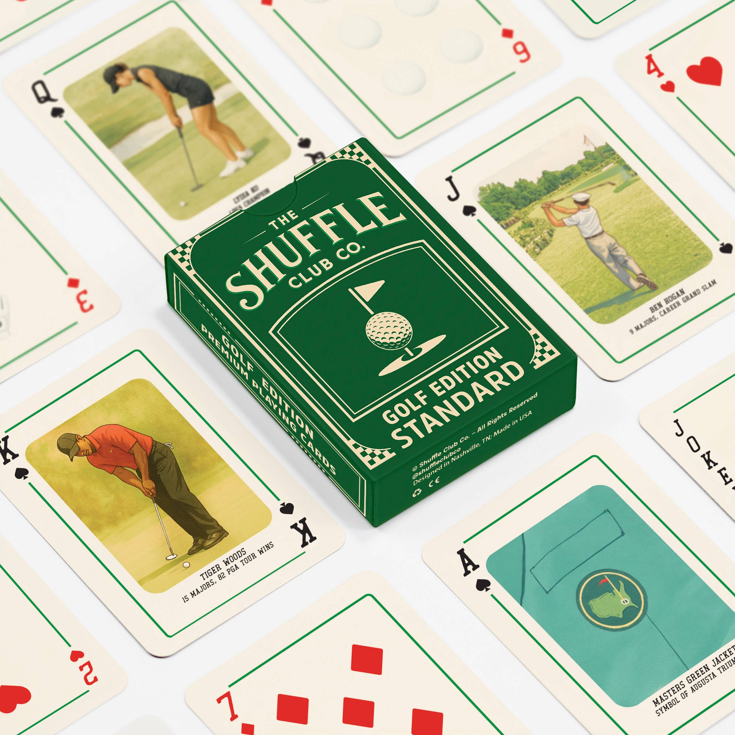 Golf-themed playing cards with 'The Shuffle Club Co.' box in the center.