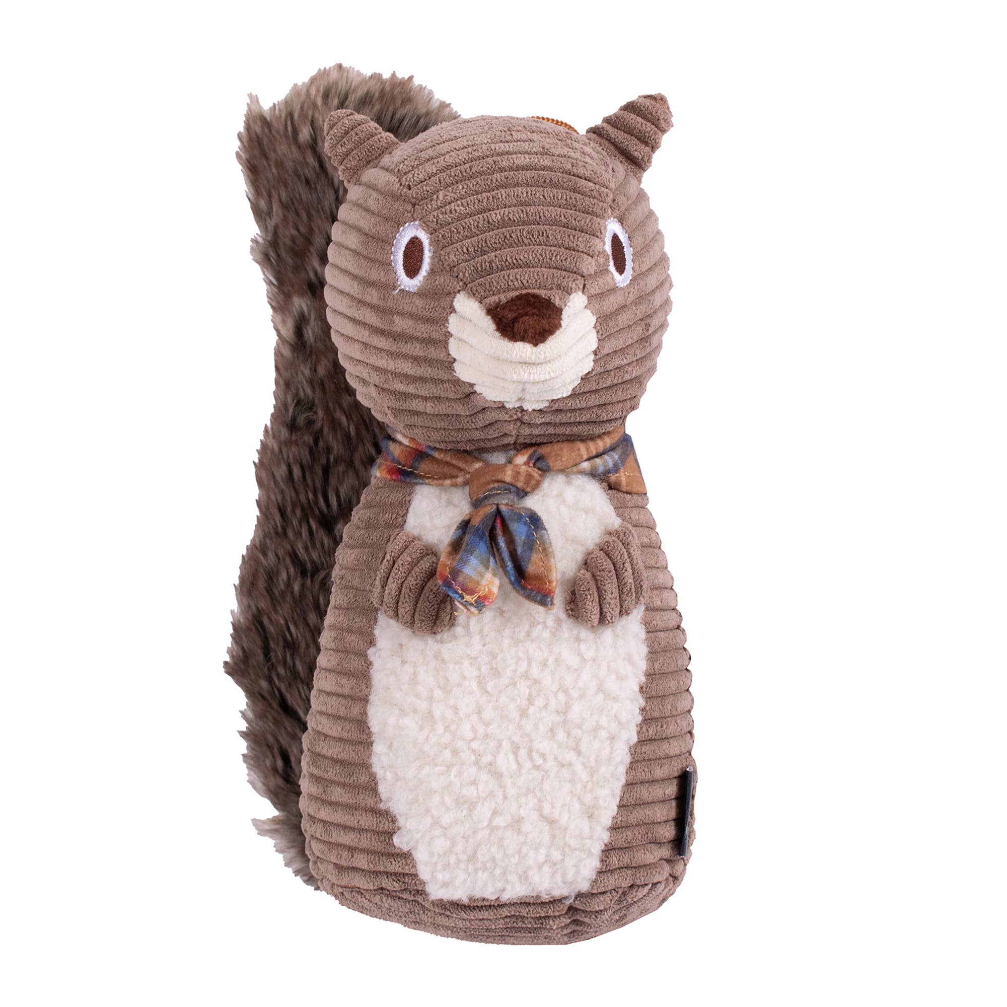 Plush toy squirrel dog toy with a scarf on a white background