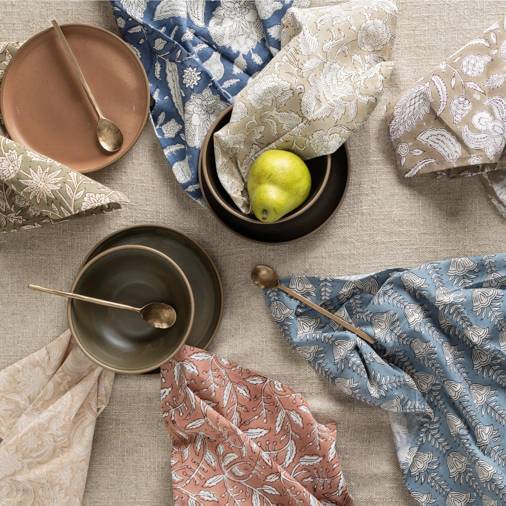 Block Print Tea Towels on a table at Addison West