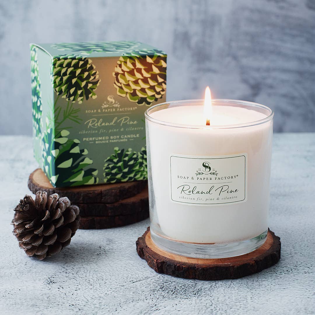 Soap and Paper Factory single-wick glass soy candle with a pine cone design, alongside its packaging box and a wooden coaster. The candle is lit, showing a gentle flame.