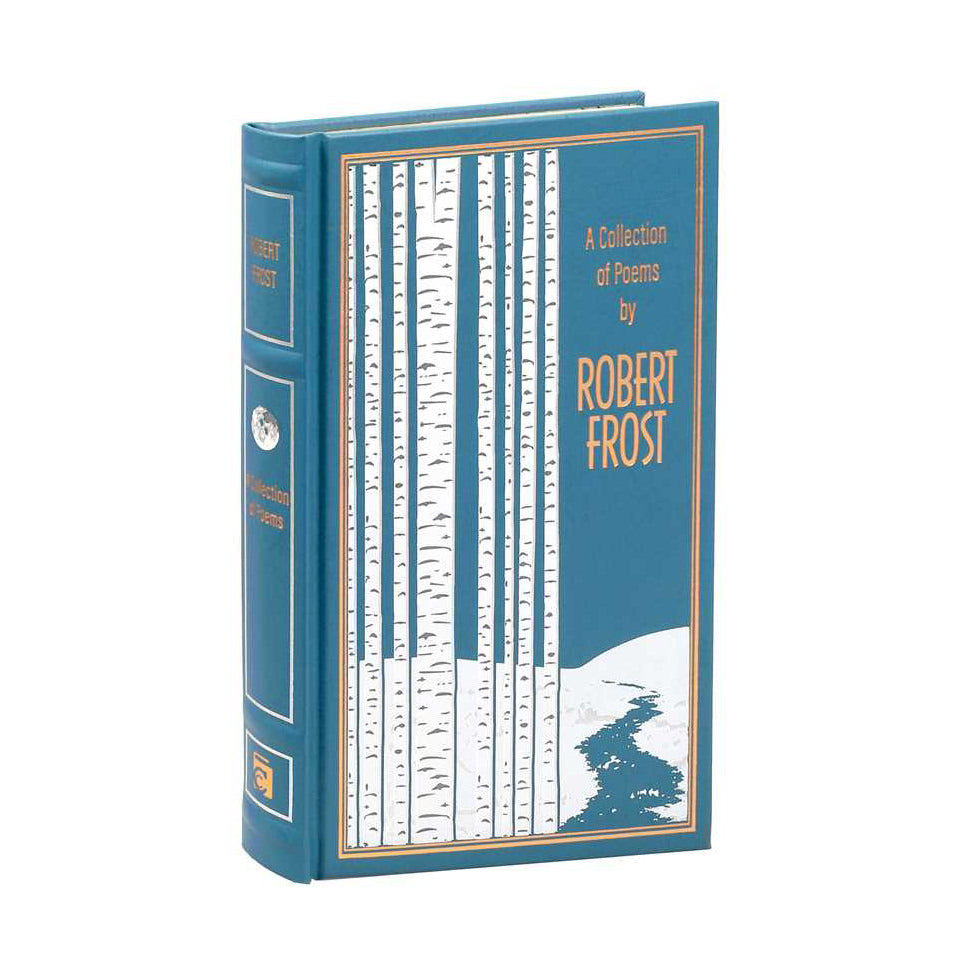 Book titled 'A Collection of Poems by Robert Frost' with a blue cover and white text.