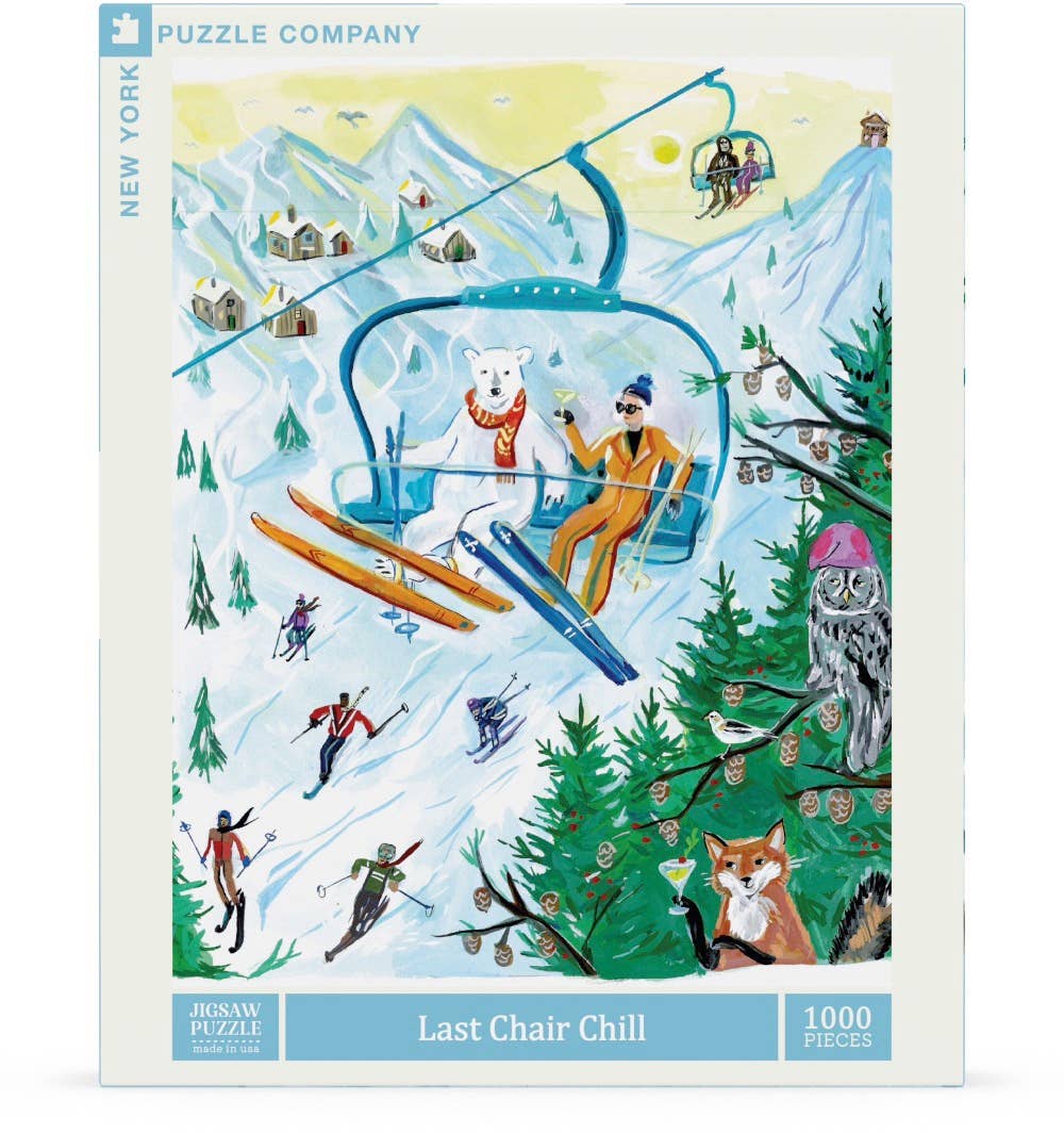 Puzzle box with a winter scene featuring people on a ski lift and animals skiing.