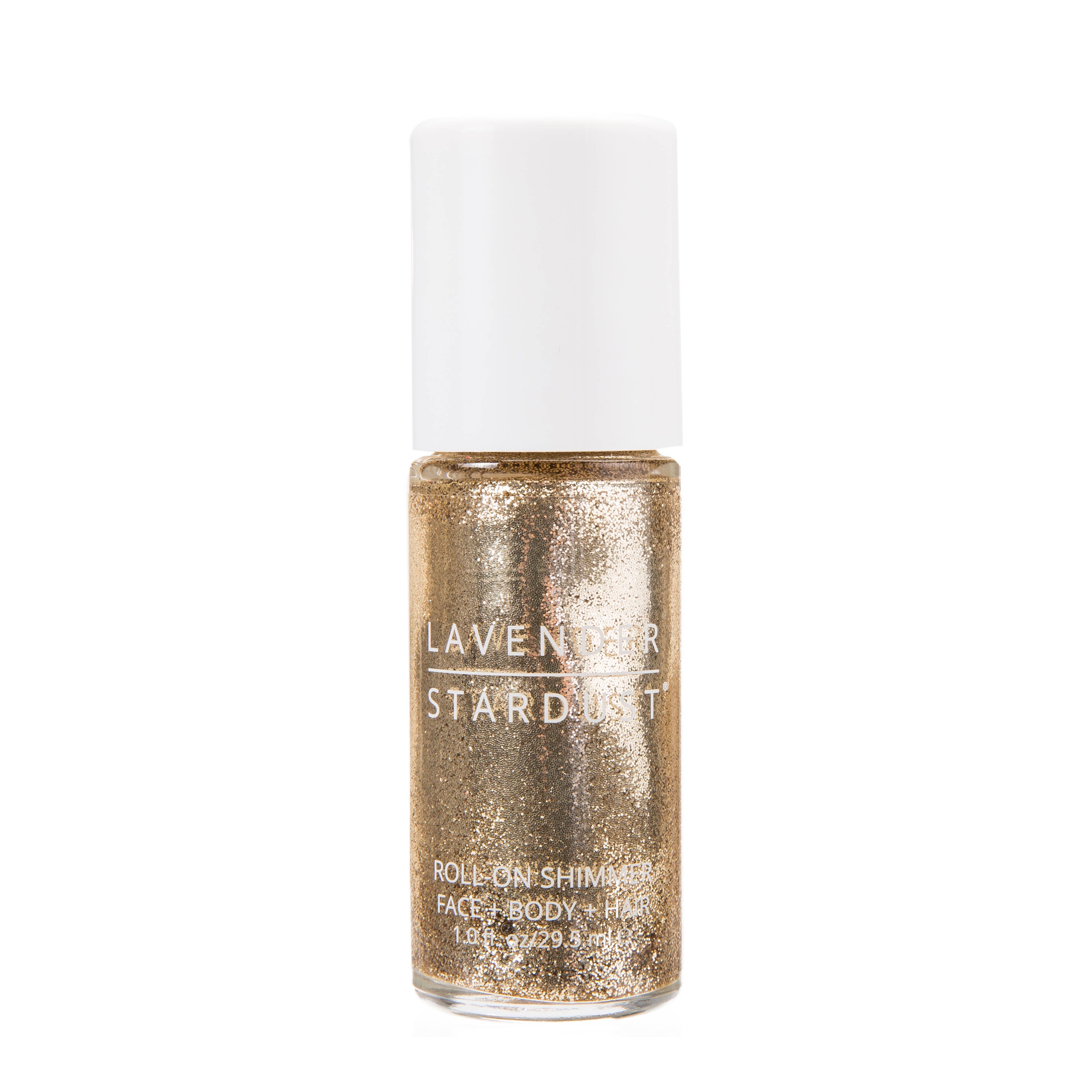 Gold bottle of Lavender Stardust roll-on shimmer on a white background