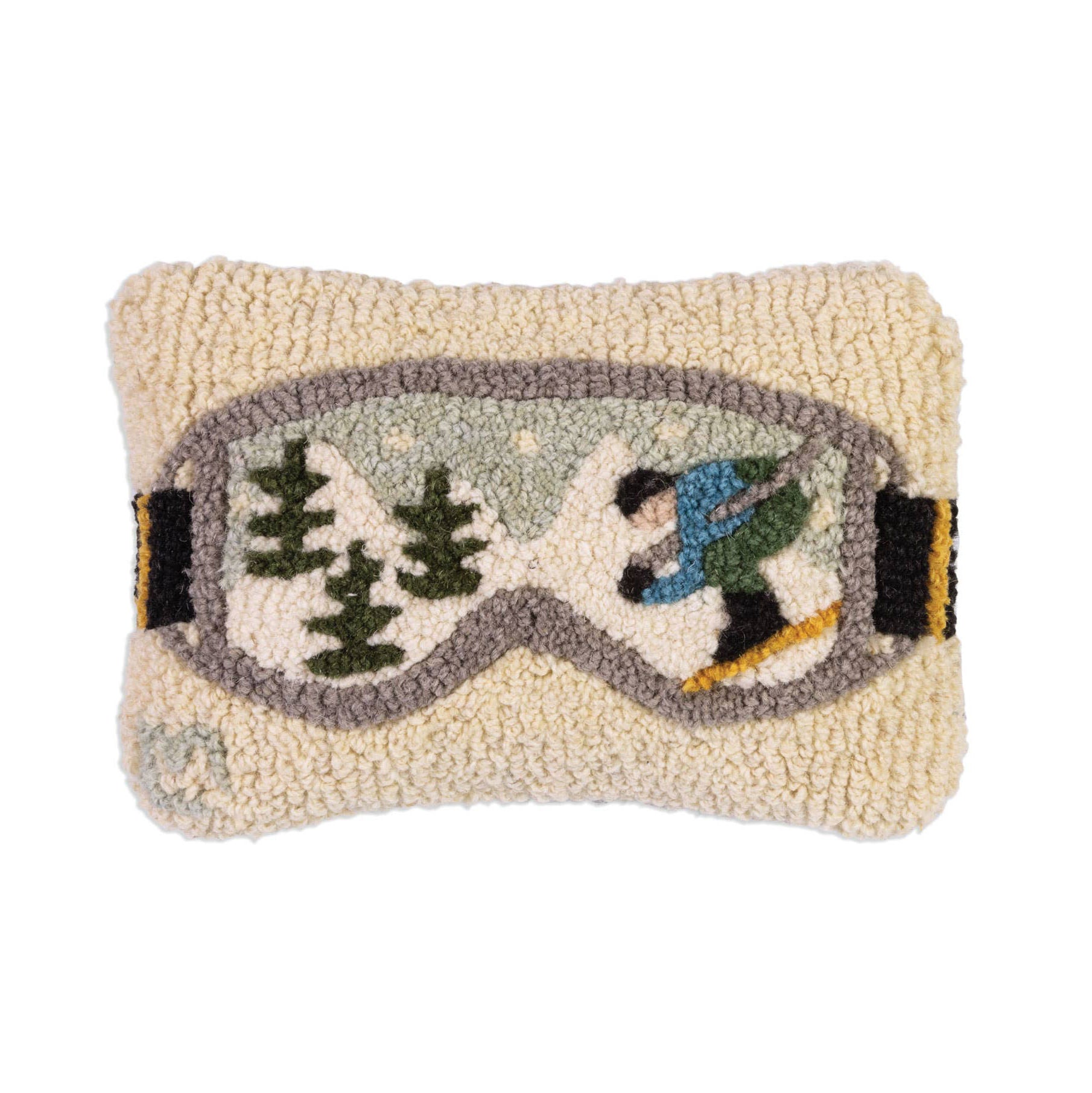 Ski Googles Hand Hooked Pillow on a white background at Addison West